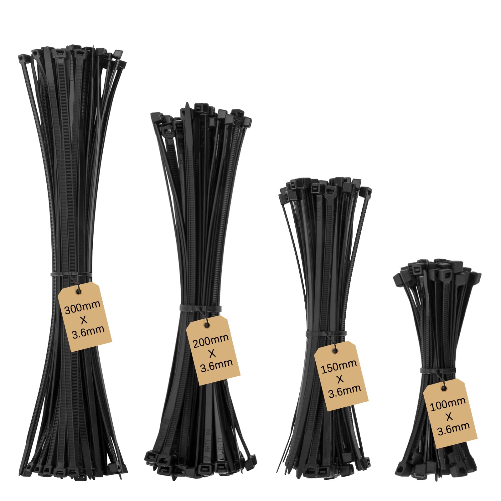 Beshine Black Cable Ties, 100/150/200/300mm x 3.6mm, 4 Sizes Tie Wraps, Pack of 240 - Self Locking Small Nylon Zip Ties for Home Office Garage and Workshop