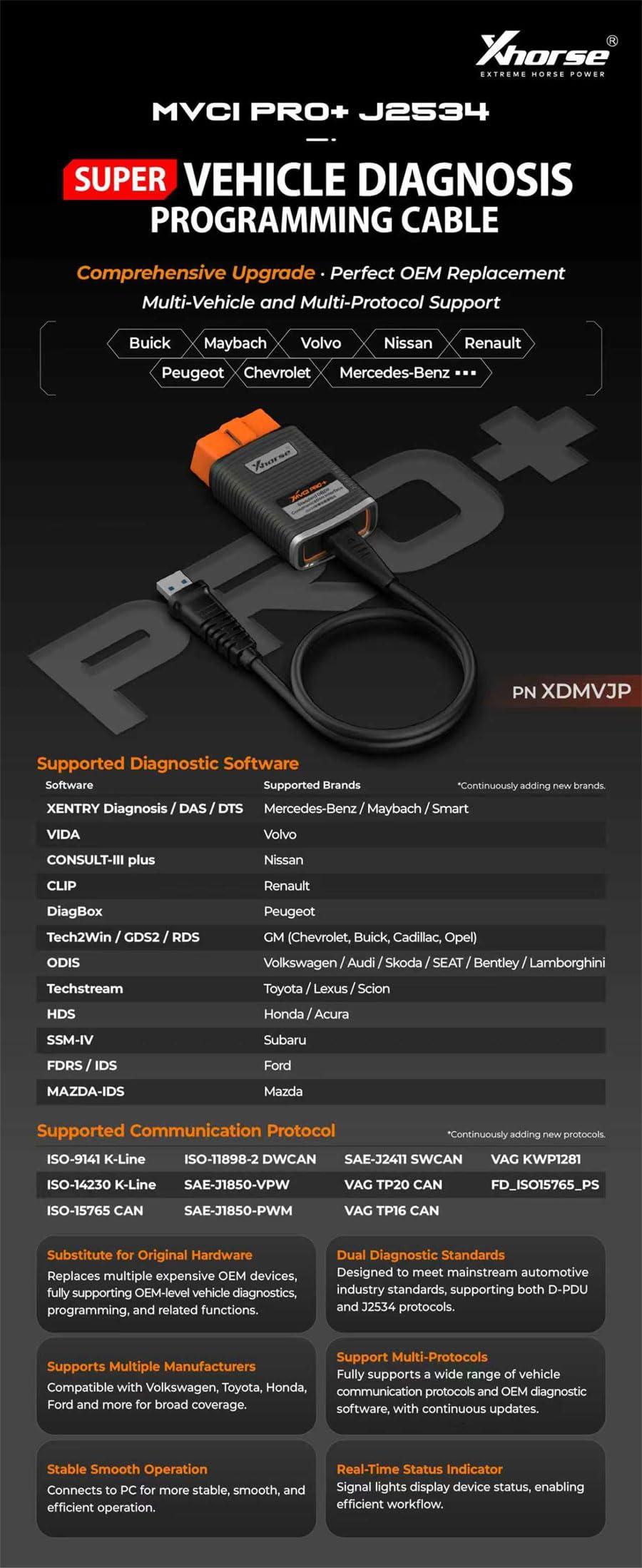 X-HORSE XDMVJPGL MVCI PRO J2534 kabel diagnostyczny do programowania pojazdów
