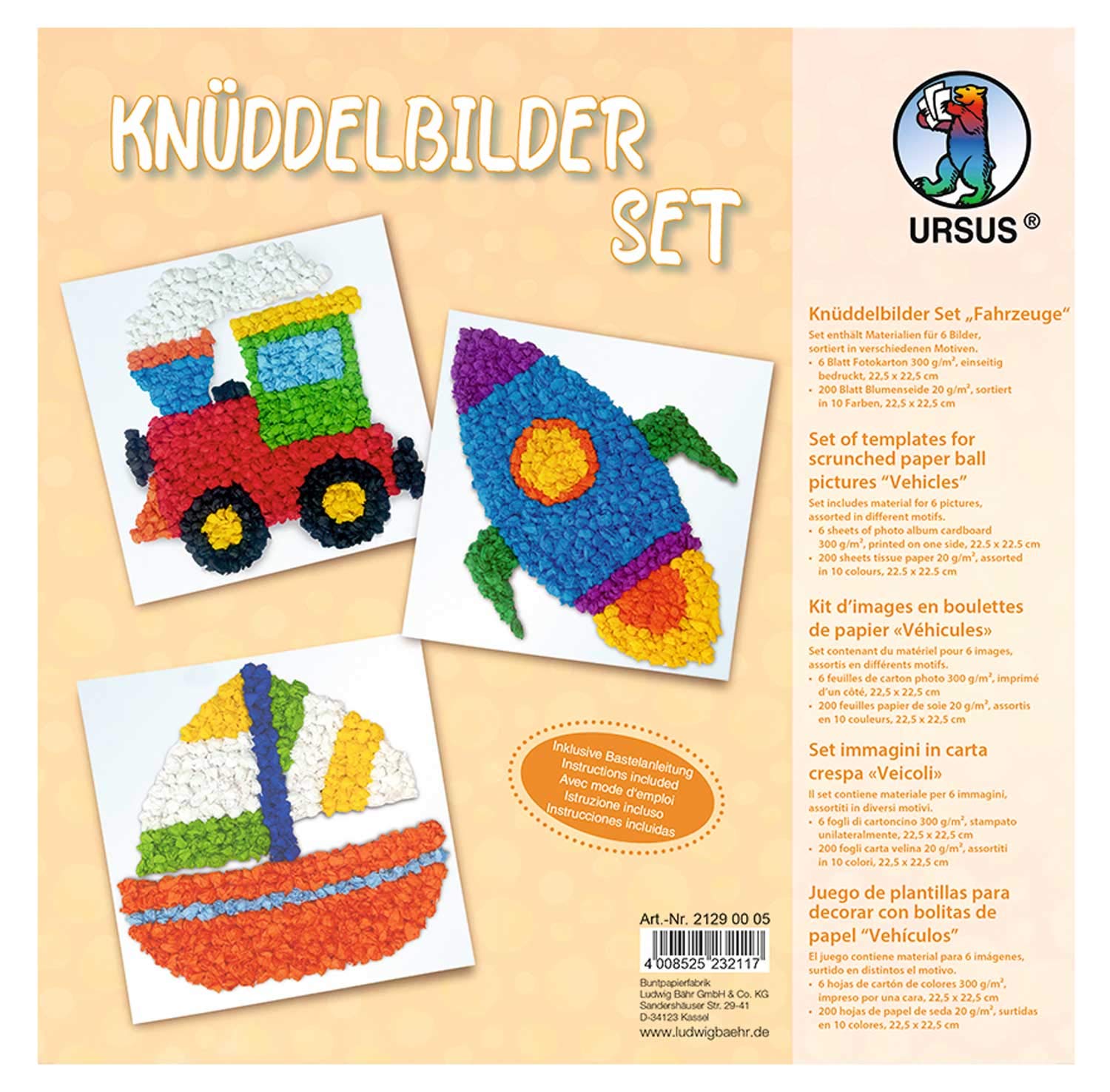 Ursus 21290005 Cuddle Pictures Set Vehicles 6 Photo Card 300 g/m² Approx. 22.5 x 22.5 cm, Printed on one Side, 200 Sheets of Silk Flower in 10
