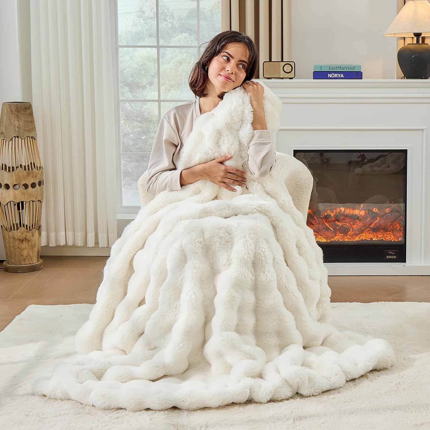 Fluffy Blanket for Couch Soft Luxury Faux Rabbit Fur Throw Blanket Cozy Fuzzy Plush Bubble Thick Warm Decorative Throw for Bed, Sofa (Twin Size 60''x80'', Cream White) - Image 2