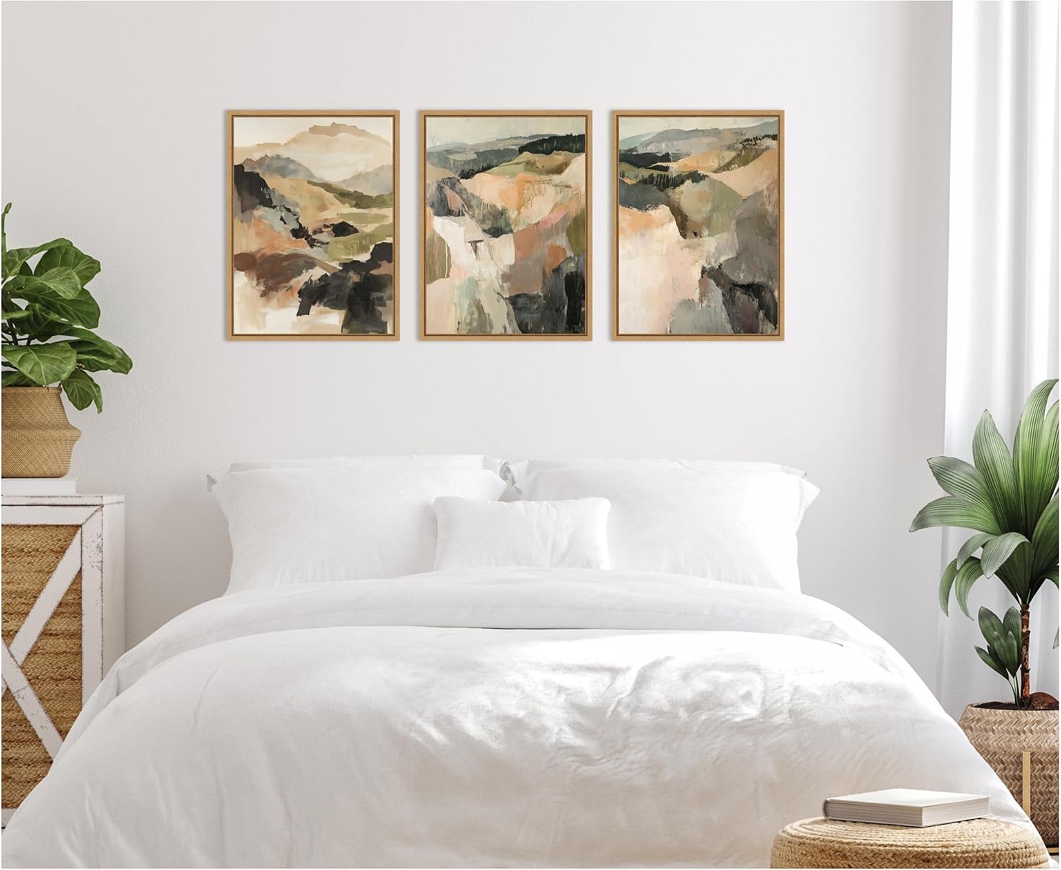 Kate and Laurel Tonal Mountains - 3 Piece Framed Canvas Wall Art Set by Amy Lighthall, Sylvie Natural Modern Contemporary, Abstract Art for Wall Decor