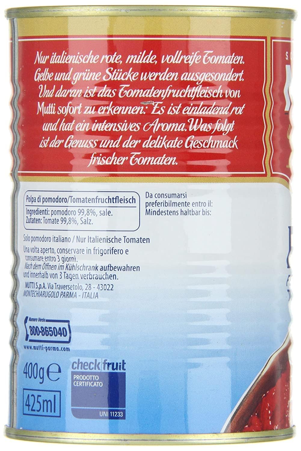 Mutti Polpa 400g Feinstes Tomatenfruchtfleisch in Stücken 100% italienische Tomaten aus Parma 48er Pack