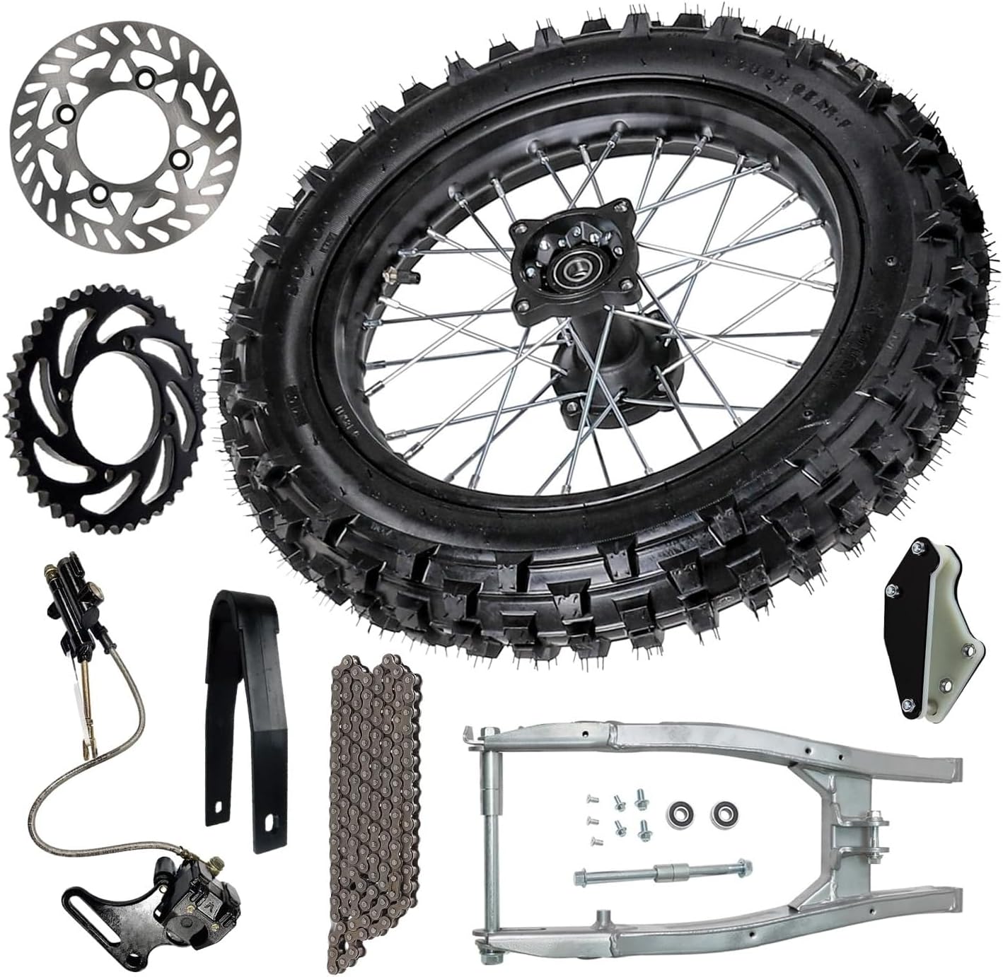 90/100-14 Dirt Bike Rear Tire Wheel Rim Assembly with Swingarm Suspension Rocker, Brake Caliper, 428 41T Sprocket – Fits 110cc-150cc Off-Road Dirt Pit Bikes Off Road Motorcycle Motocross