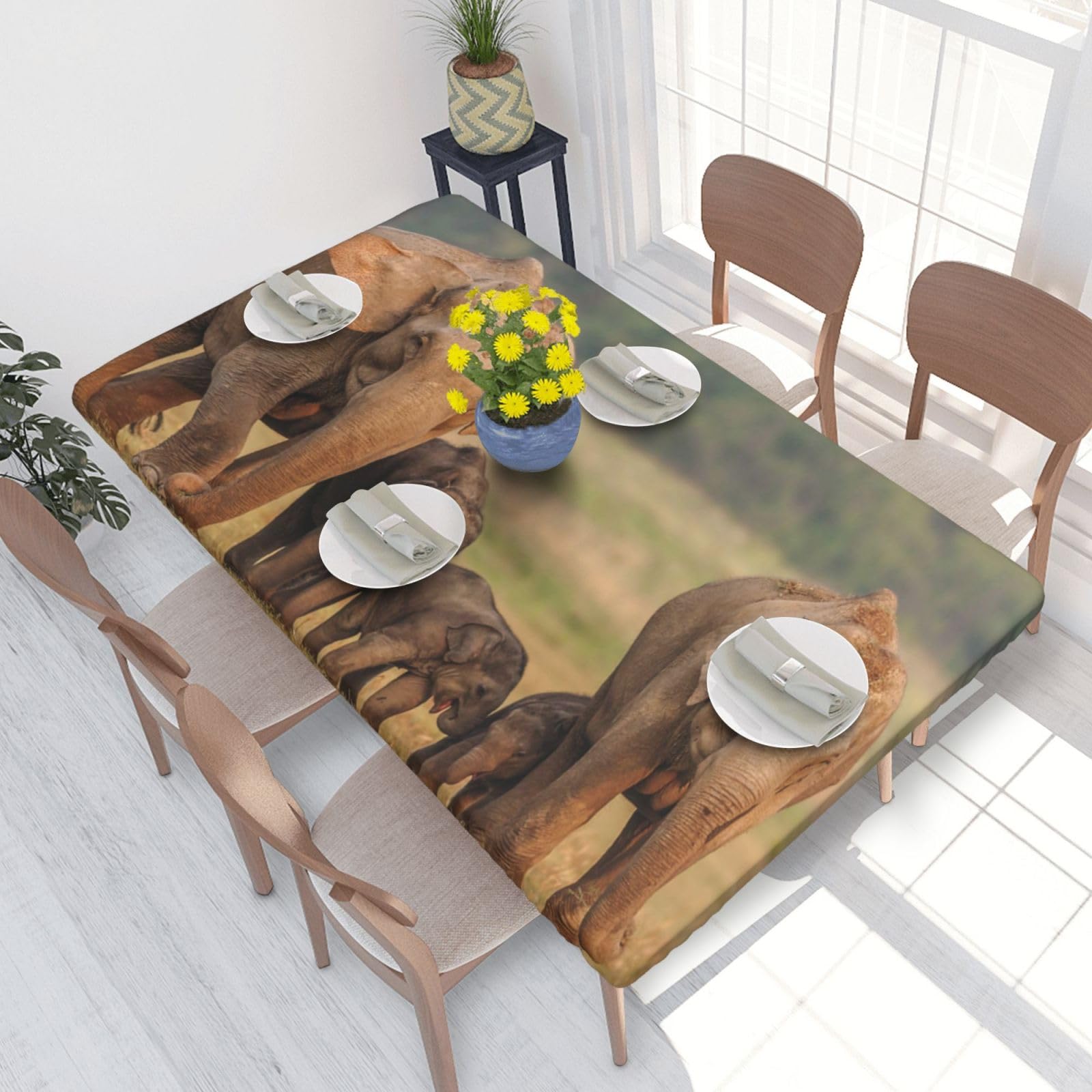 WPKJU Elephant Family Printed Tablecloths 4ft Rectangular Table Covers Washable Polyester Decorative Table Cloth for Dining Table Picnic Wedding