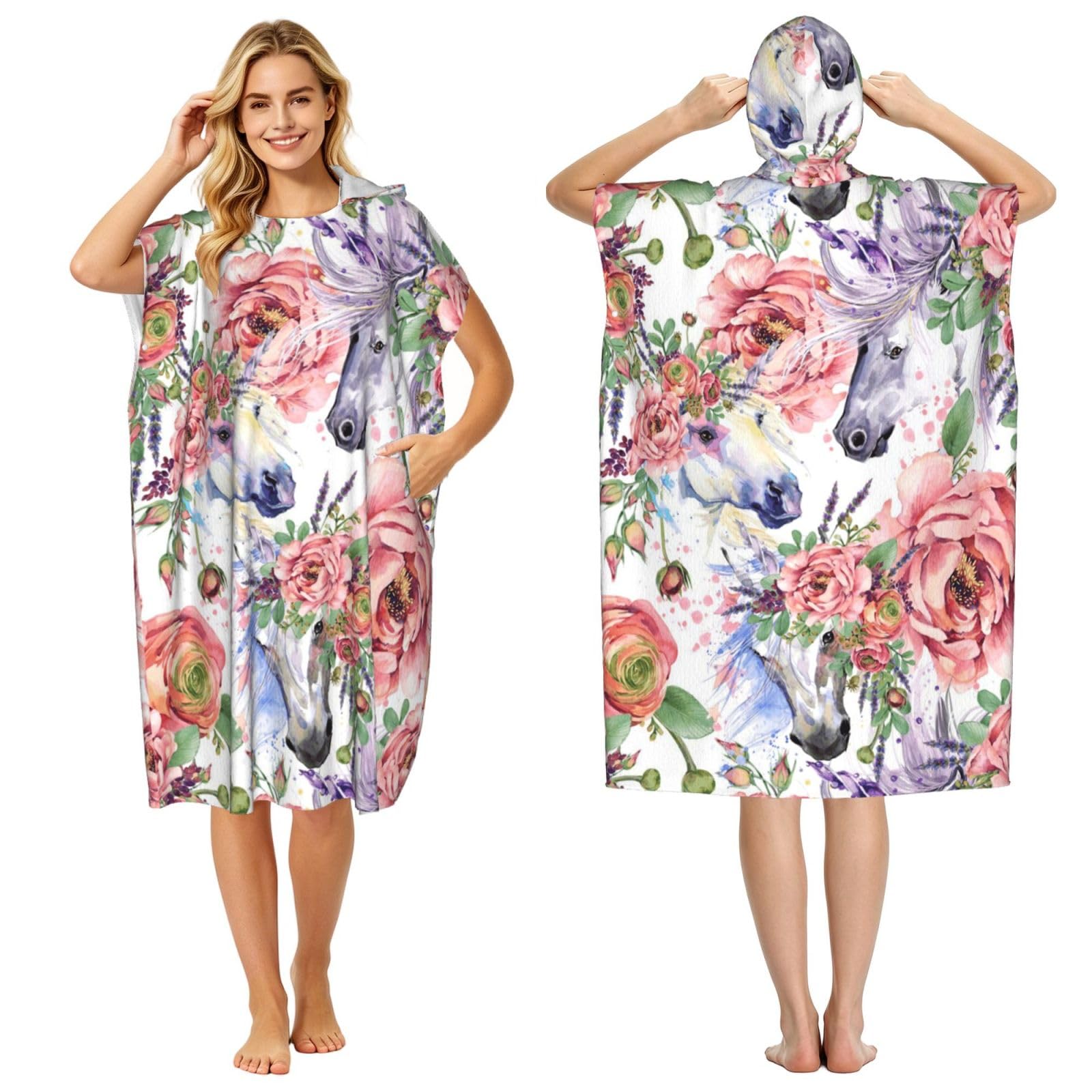 Poadnly Watercolor Horse Roses Flowers, Adult Hooded Beach Towel 90 x 110 cm,Changing Bath Robe, Surf Poncho Towel For Women Men