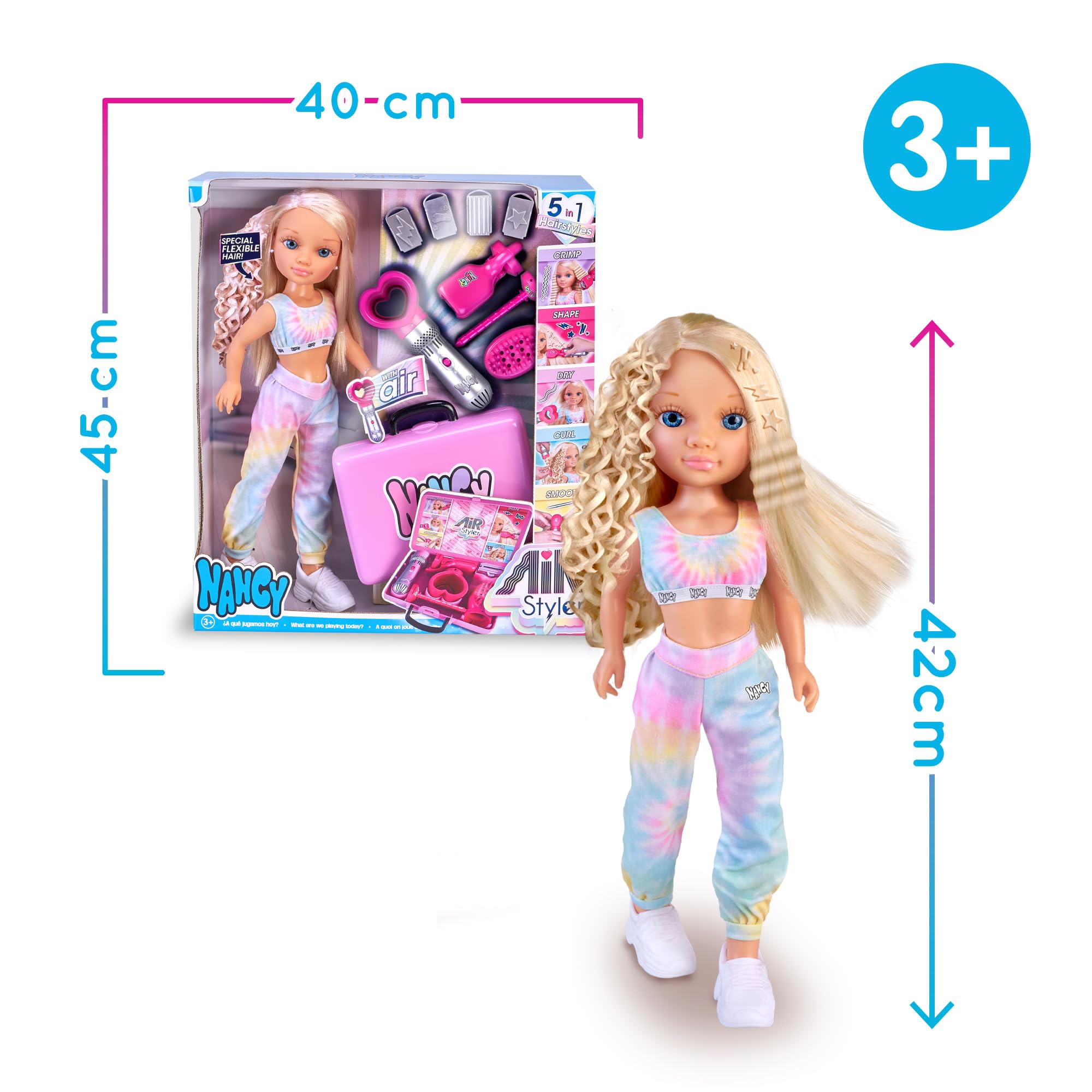 Nancy Air Styler, Muñeca con Herramienta de Belleza para Crear Peinados, Cinco Formas de Moldear el Pelo: Secar, Cepillar, Rizar, Alisar y Aplicar Formas, Cabello Flexible, +3 años, Famosa (NAC73000)
