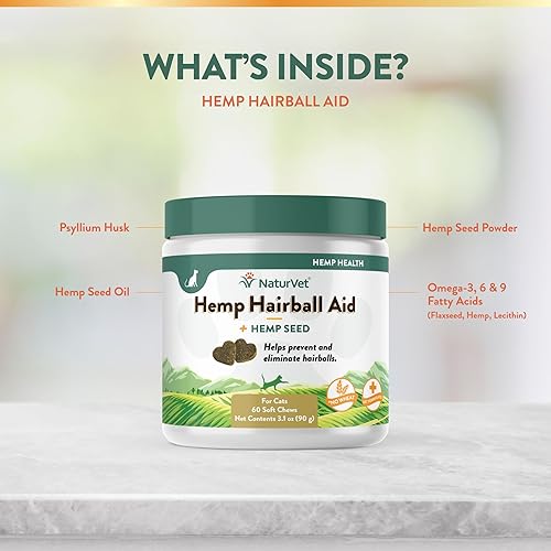 Miniatura 5 de NaturVet Hemp Hairball Aid Plus Semilla de cáñamo para gatos, 60 unidades masticables suaves, fabricado en los Estados Unidos