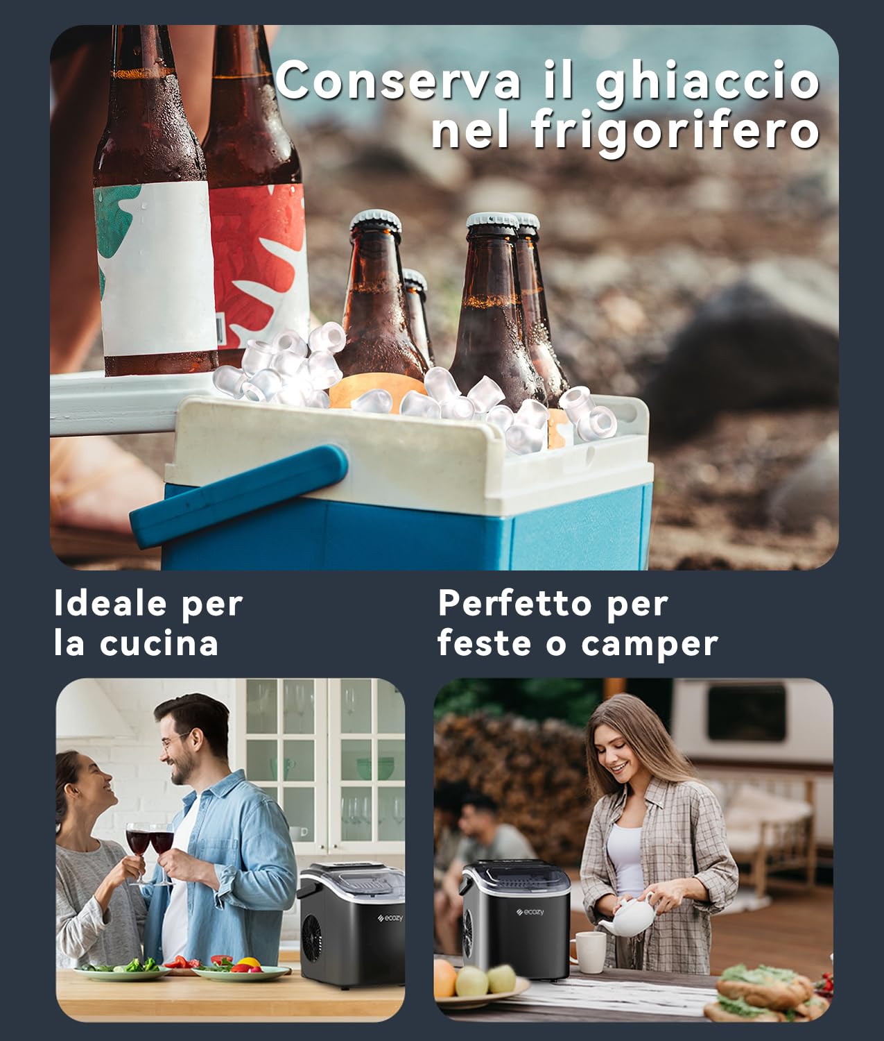 ecozy Macchina Ghiaccio, 12KG/ 24 ore, 9 Cubetti di Ghiaccio in 6 Minuti, 2 Dimensioni di Ghiaccio, Macchina del Ghiaccio Autopulente, Ice Maker Portatile per Casa/Festa/Cucina/Bar