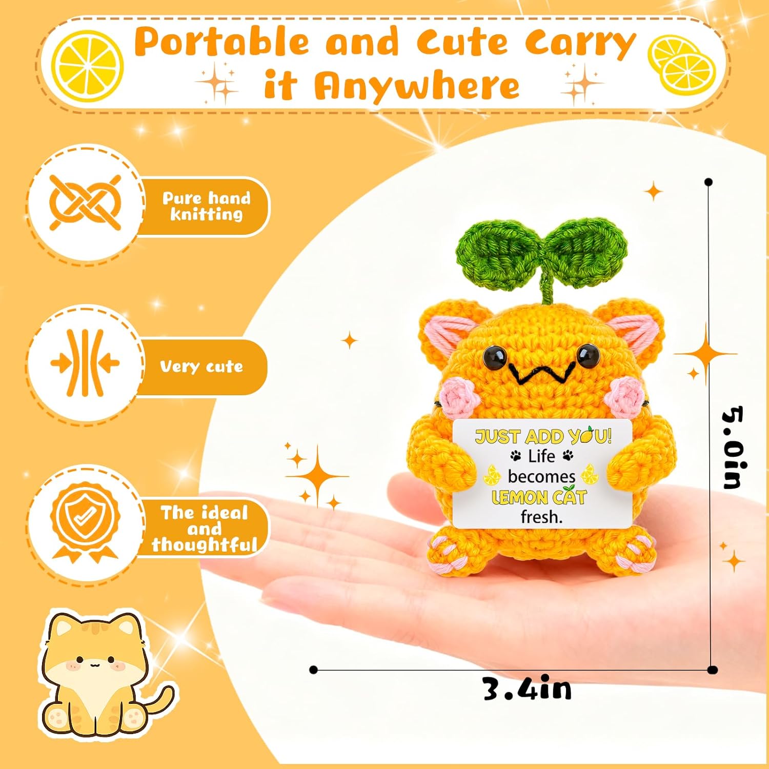 Valentines Day Girlfriend Birthday Gifts for Women Cute Lemon Cat Positive Crochet Animals Gift for Women Cute Desk Accessories Gift for Her Mens Birthday - Image 2