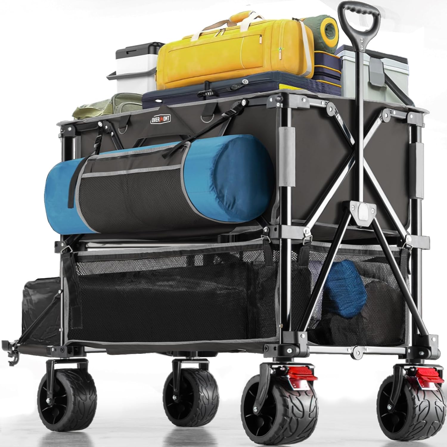 Overmont 400L Foldable Double Decker Wagon - Large Capacity Collapsible Wagon Cart- 52 Extra Long Extender - All-Terrain Big Wheels for Camping, Football Game, Sports Events, Support Up to 450lbs