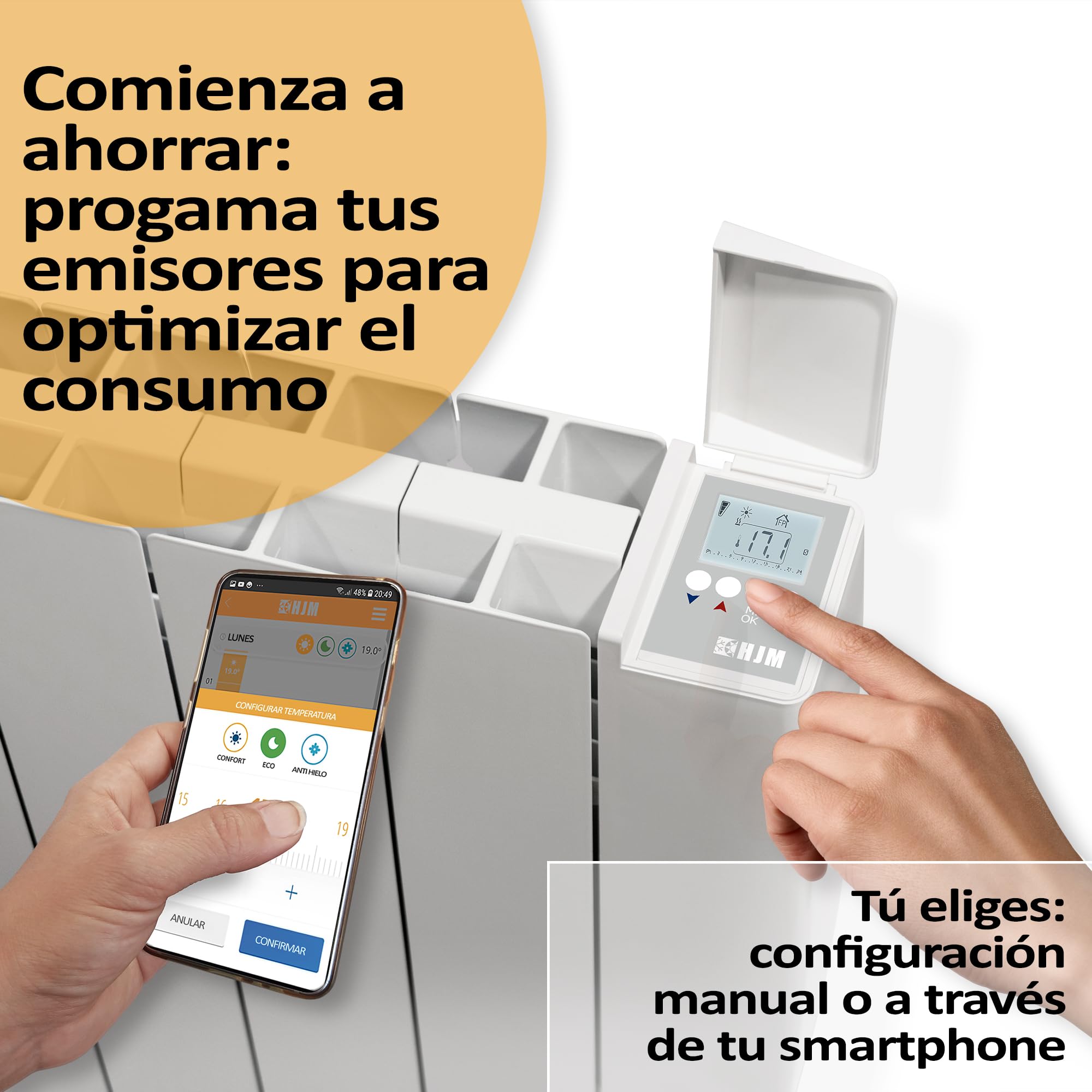 HJM Emisor Térmico Cerámico WiFi Bajo Consumo OPTIMA 750, Programación 24/7, Funciones Ahorro, Turbo Programable, 750W, Blanco