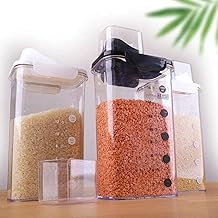 Cereal & Dry Food Storage Containers with Measuring Cup, Airtight Plastic Kitchen Storage Organizer, Clear Food Storage Box for Flour, Sugar, Rice | BPA Free Container with Locking Lids