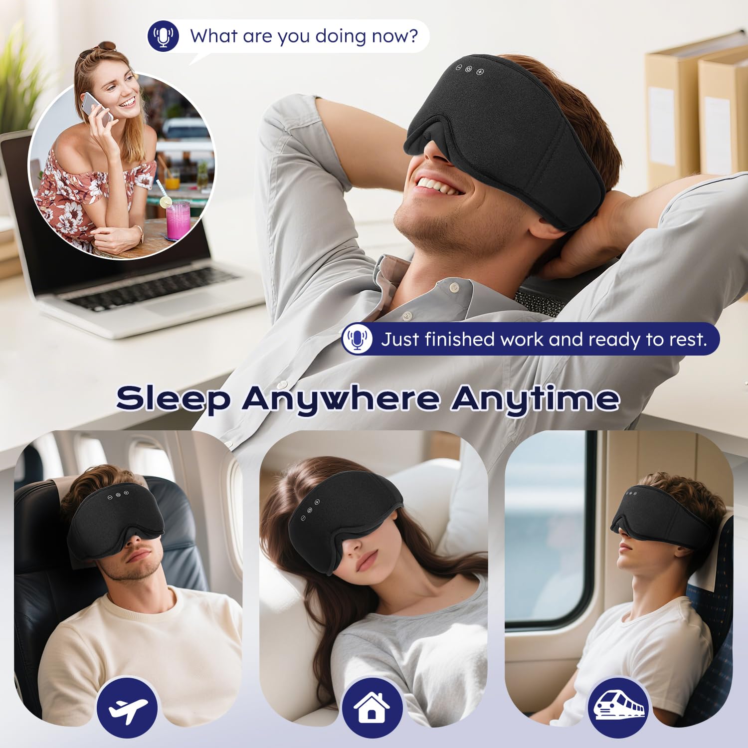 LC-dolida Mascherina per dormire Bluetooth 3D con cuffie, completamente opaca e morbida