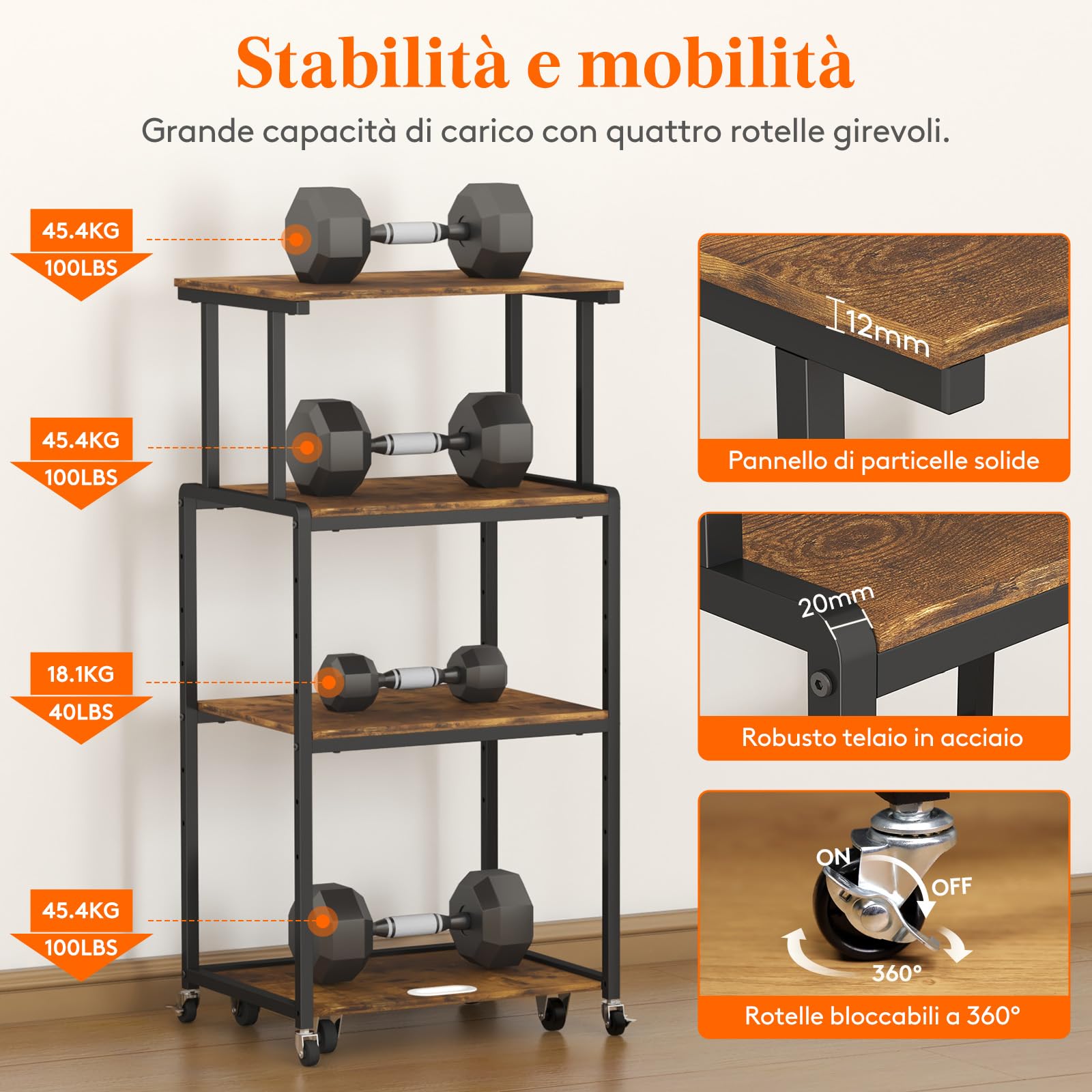 Lifewit Carrello per Stampante 4 Livelli con Ruote e Ripiano Regolabile, Supporto per Stampante per Ufficio Domestico, Carrello per Distruggi Documenti, Scanner, Marrone Rustico, 53x40x112cm