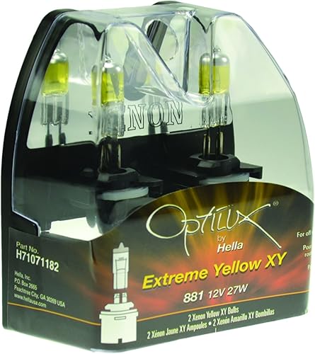 HELLA H71071182 Optilux XY Series 881 Bombillas halógenas de xenón amarillo, 12V, 27W, paquete de 2
