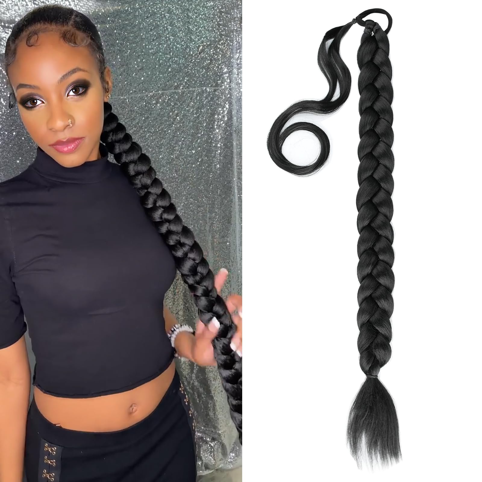 Gledola Long Braided Ponytail Extension 30 Inch Pre stretched Braiding Hair Extensions DIY Braid Ponytail Synthetic Hair Piece (Natural Black