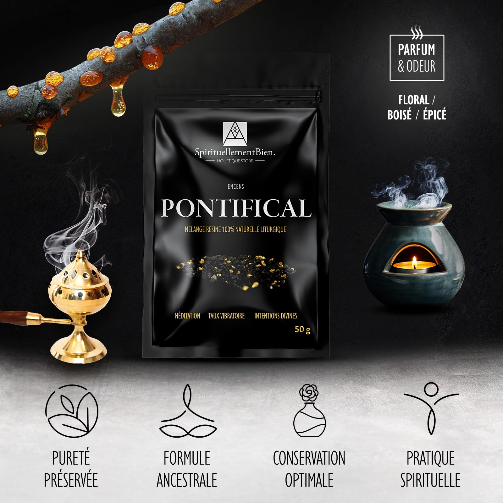 Sacré Encens Pontifical Résine en Grain 50gr Fumigation Brule Parfum Encensoir Méditation Taux Vibratoire