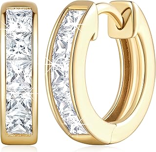 14K Gold Hoop Earrings for Women Gold Diamond Hoop Earrings for Women Small Gold Huggie Hoop Earrings for Women 14k Gold Earrings Hoops Gold Jewelry Dazzling Square Cubic Zirconia 13mm