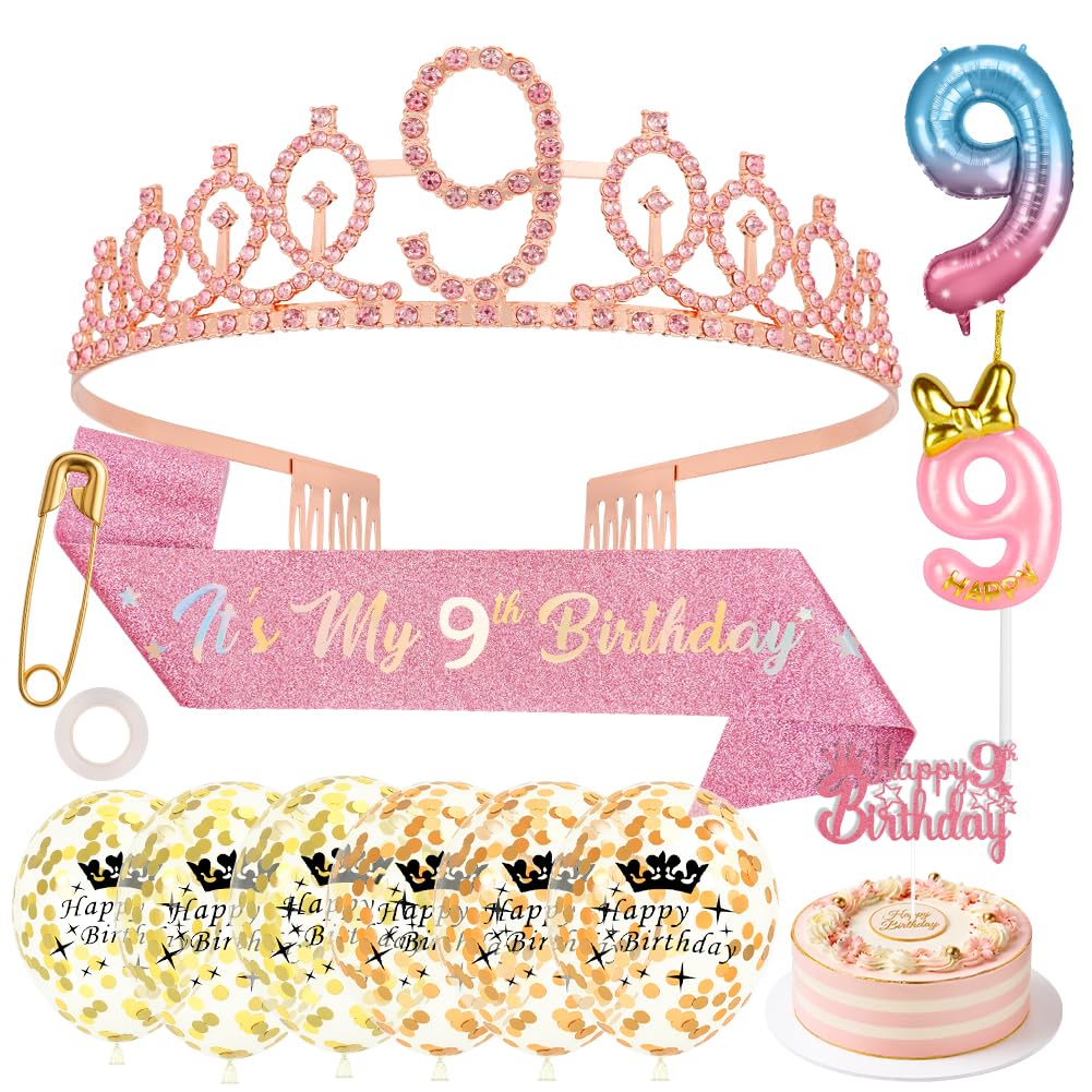AYBUY Birthday Decorations, 9th Birthday Sash and Tiara Set