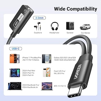 UGREEN USB C'den 3,5 mm Jack Aux Adaptörüne PD 60W Hızlı Şarj, iPhone 15 için Manyetik USB Ses Kartı, Dizüstü Bilgisayar ve Kulaklık (CTIA/OMTP Standardı) vb.