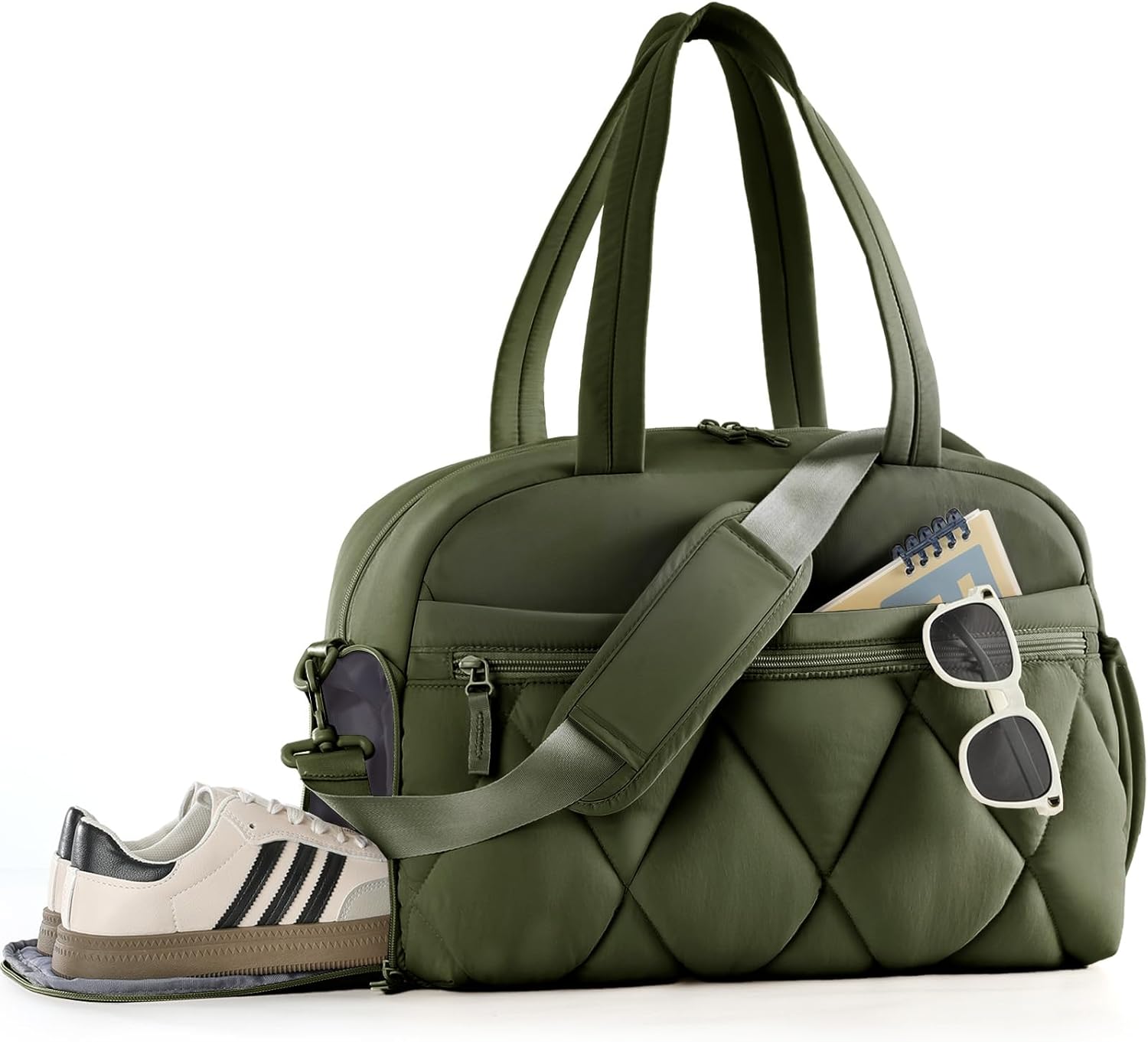 Gym Bag for Women, Puffer Travel Duffle Bag With Shoes Compartment & Wet Pocket, Carry On Tote Bag For Weekender, Overnight, Sport (Green, Large)