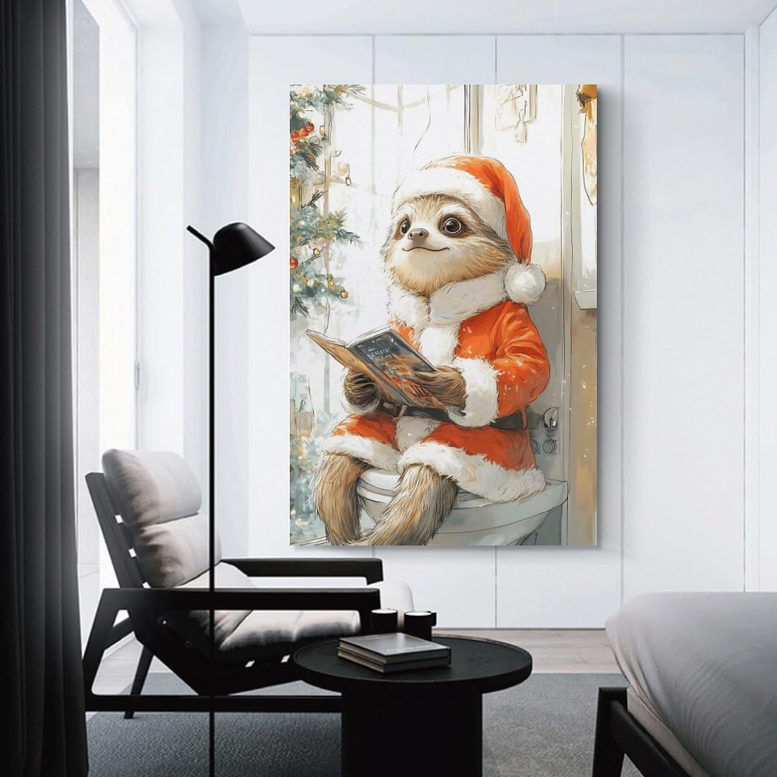 Junmoney Hanging Wall Art Sloth Santa Reading, 24x36inch(60x90cm), for Wall Displays, Bedrooms Or Room Updates, Decorative Artwork with Flexible Styling