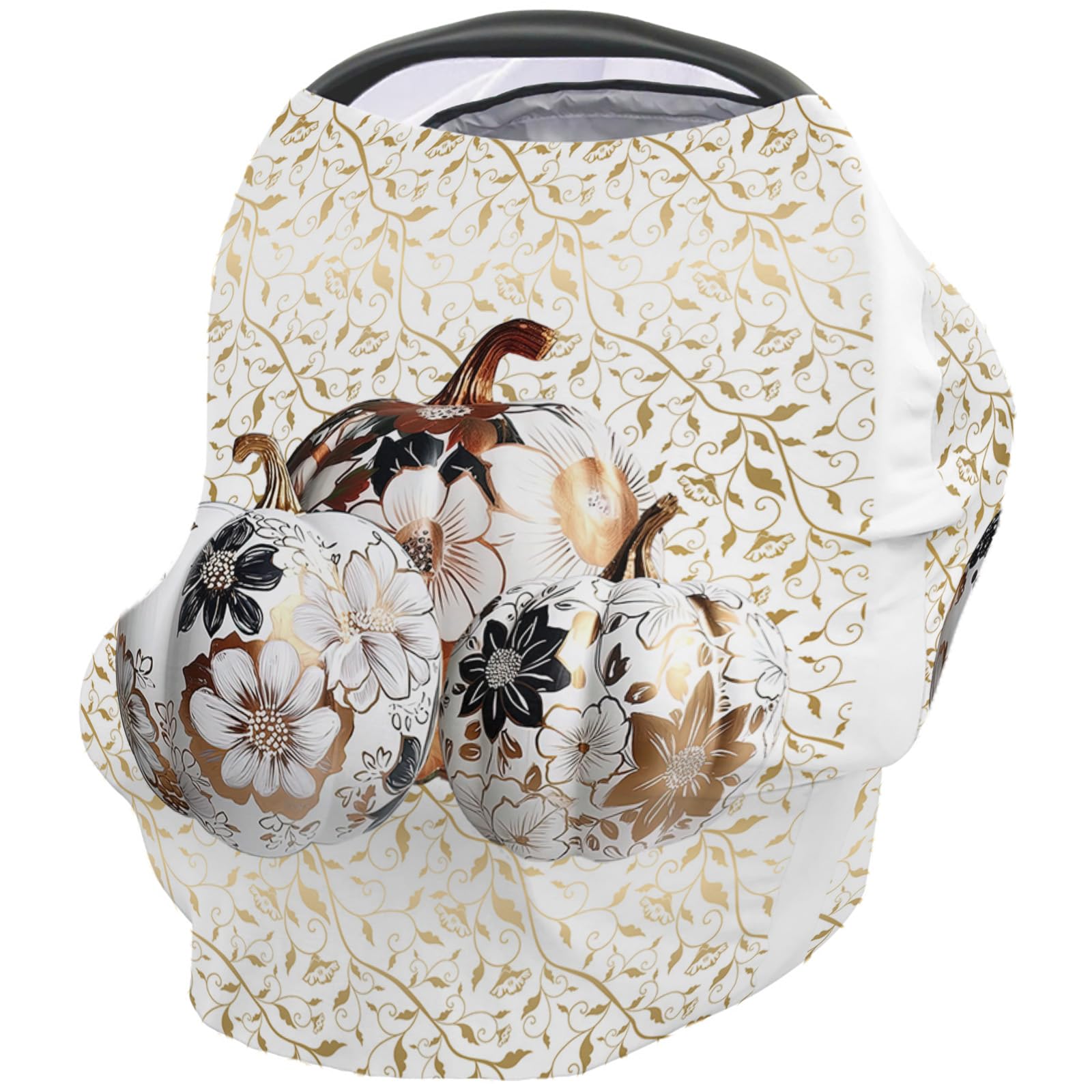 Nursing Cover for Breastfeeding Scarf, Gold Flower Leaves Pumpkin Fall Thanksgiving Baby Car Covers Super Soft Multi Use for Canopy Shopping Cart Cover Blanket Stroller Cover