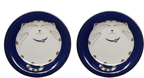 JapanBargain 2560 - Juego de 2 platos redondos japoneses de porcelana para aperitivos de postre, pastel, maneki neko, patrón de gato sonriente de la