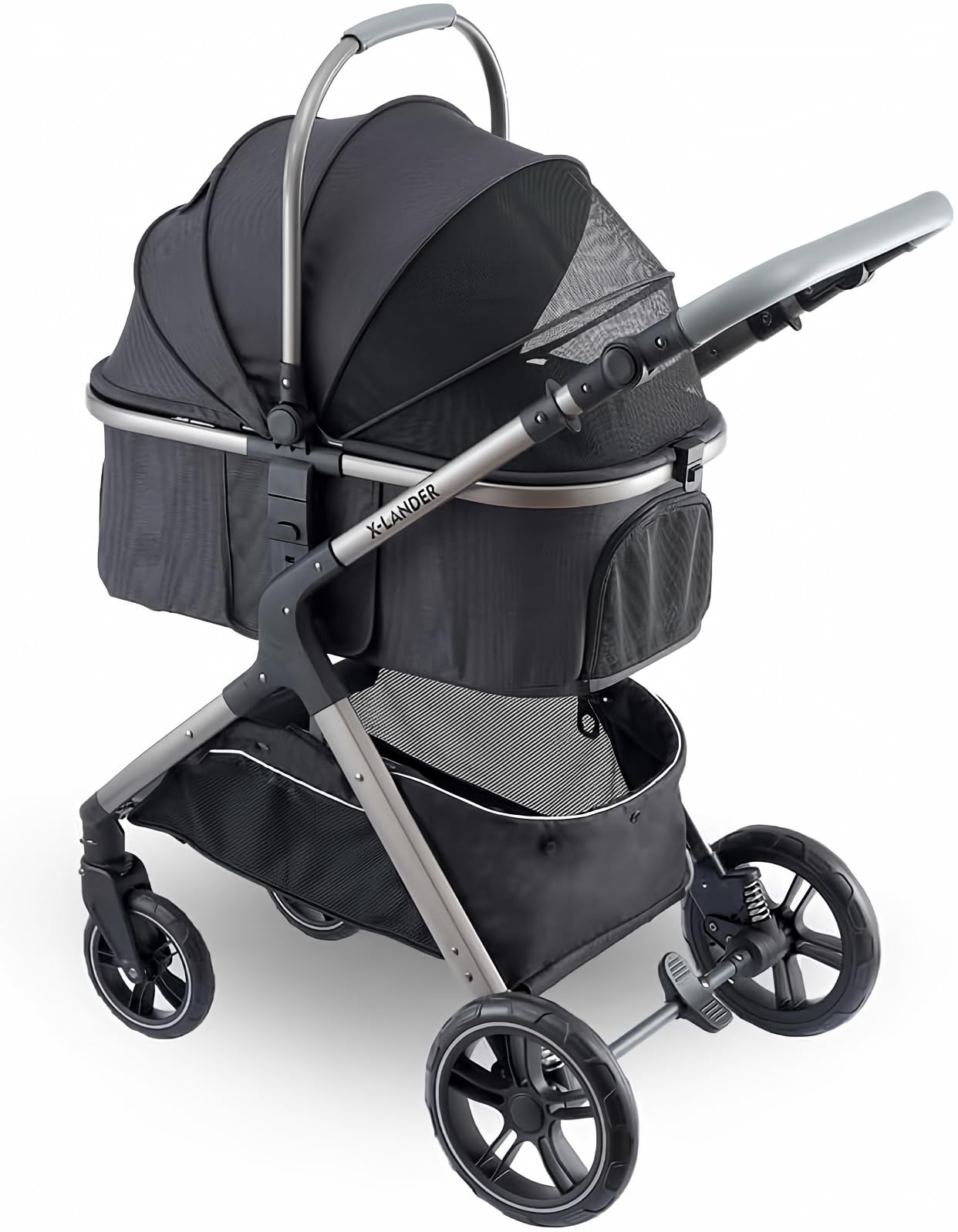 Pet Stroller for Small Medium Dogs, Cat Carriage Travel System Four Wheel Dog Stroller with Carrier, Zipperless Entry/Cup Holder/Storage Basket