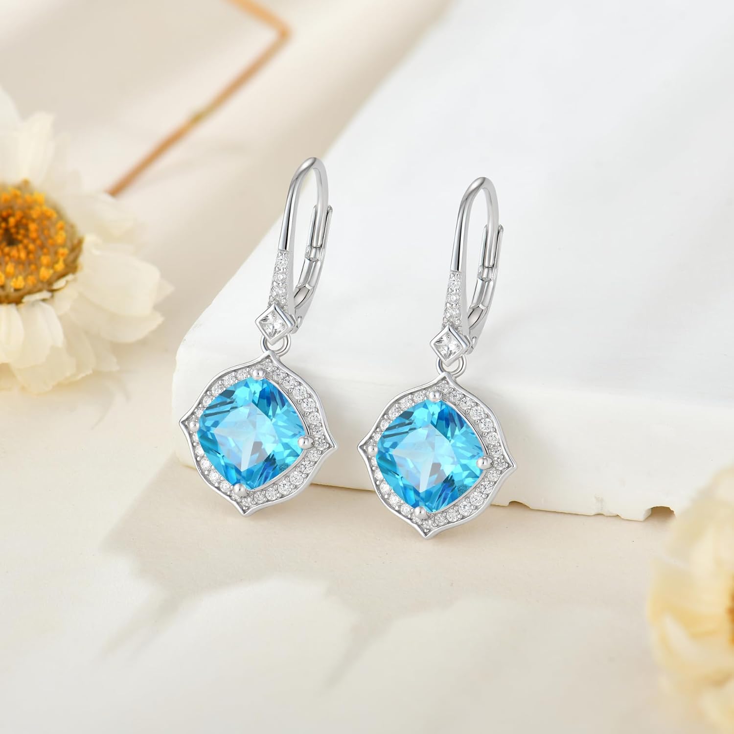 Halo Solitaire Earrings for Women 925 Sterling Silver Dangle Drop Leverback Earrings Princess Cut Birthstone Vintage Jewelry for Her