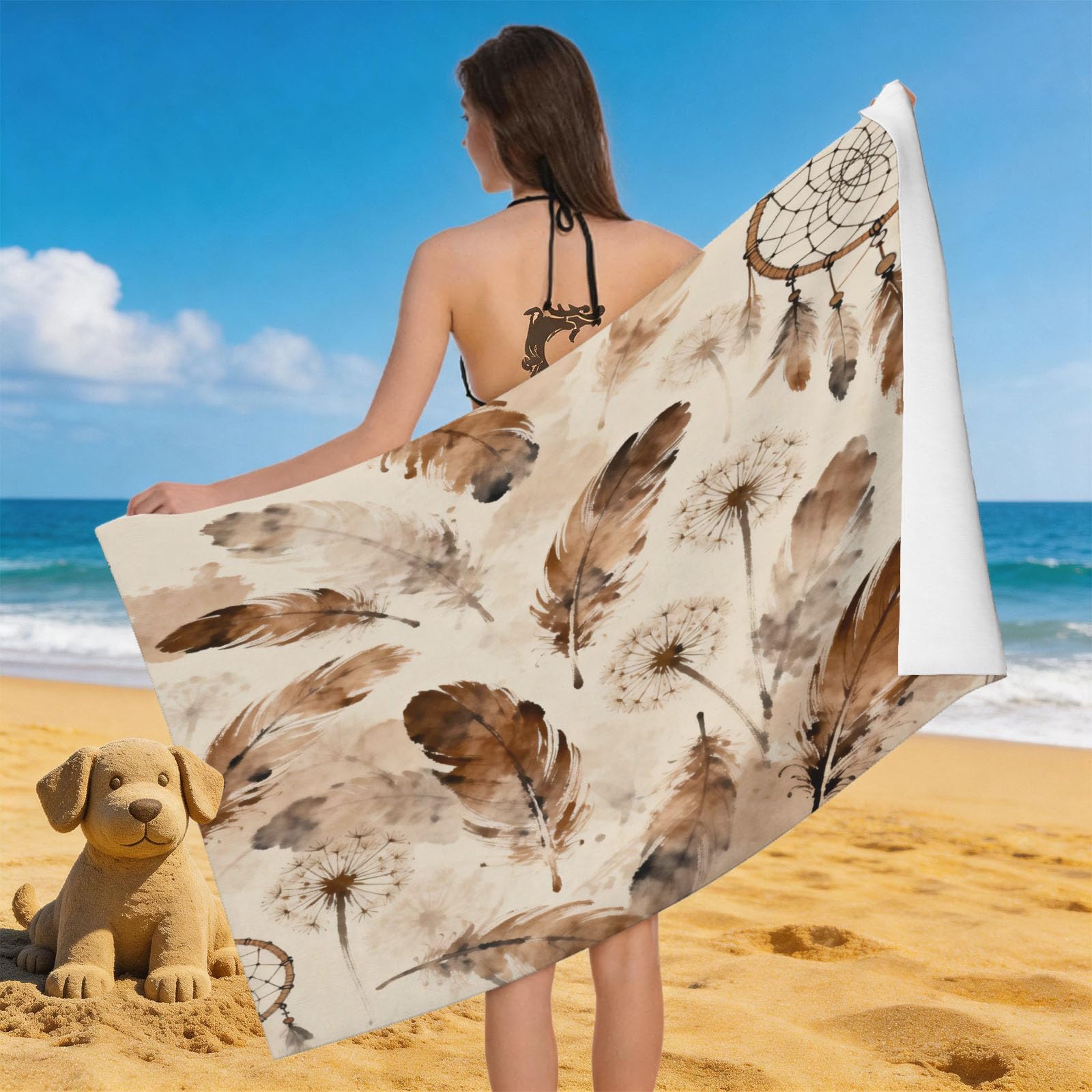 Leichong Men's Brown 3D Watercolor Feather Beach Towel Microfiber Soft Quick Dry For Adults, Dandelion Bath Towel Lightweight Soft Absorbent For Travel Swimming Pool Sports, 75 X 150 Cm