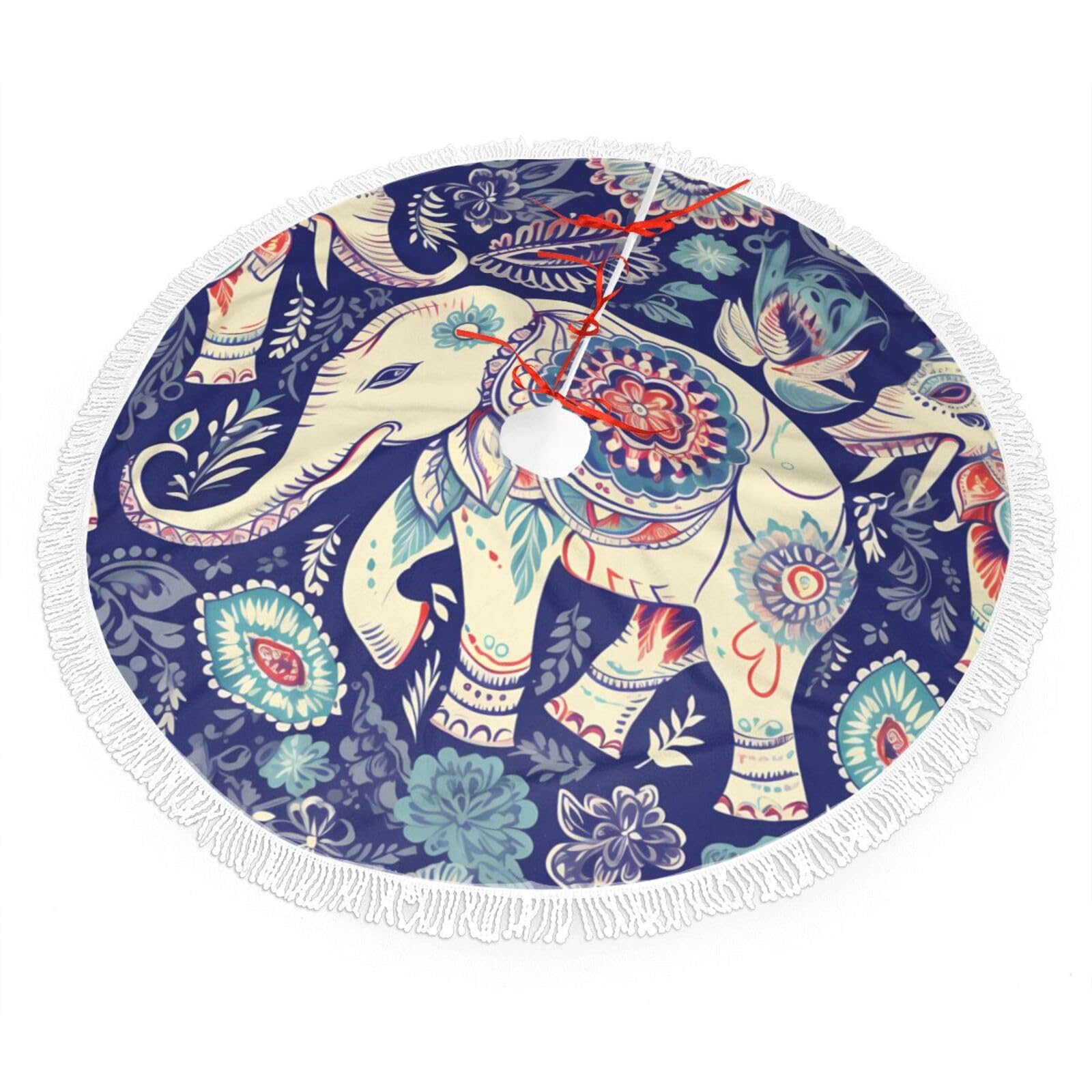 Boho Elephant Christmas Tree Skirt 48", Soft Plush Xmas Tree Carpet with Tassel Christmas Ornaments Winter Holiday Tree Mat Decoration for Home Party Supplies