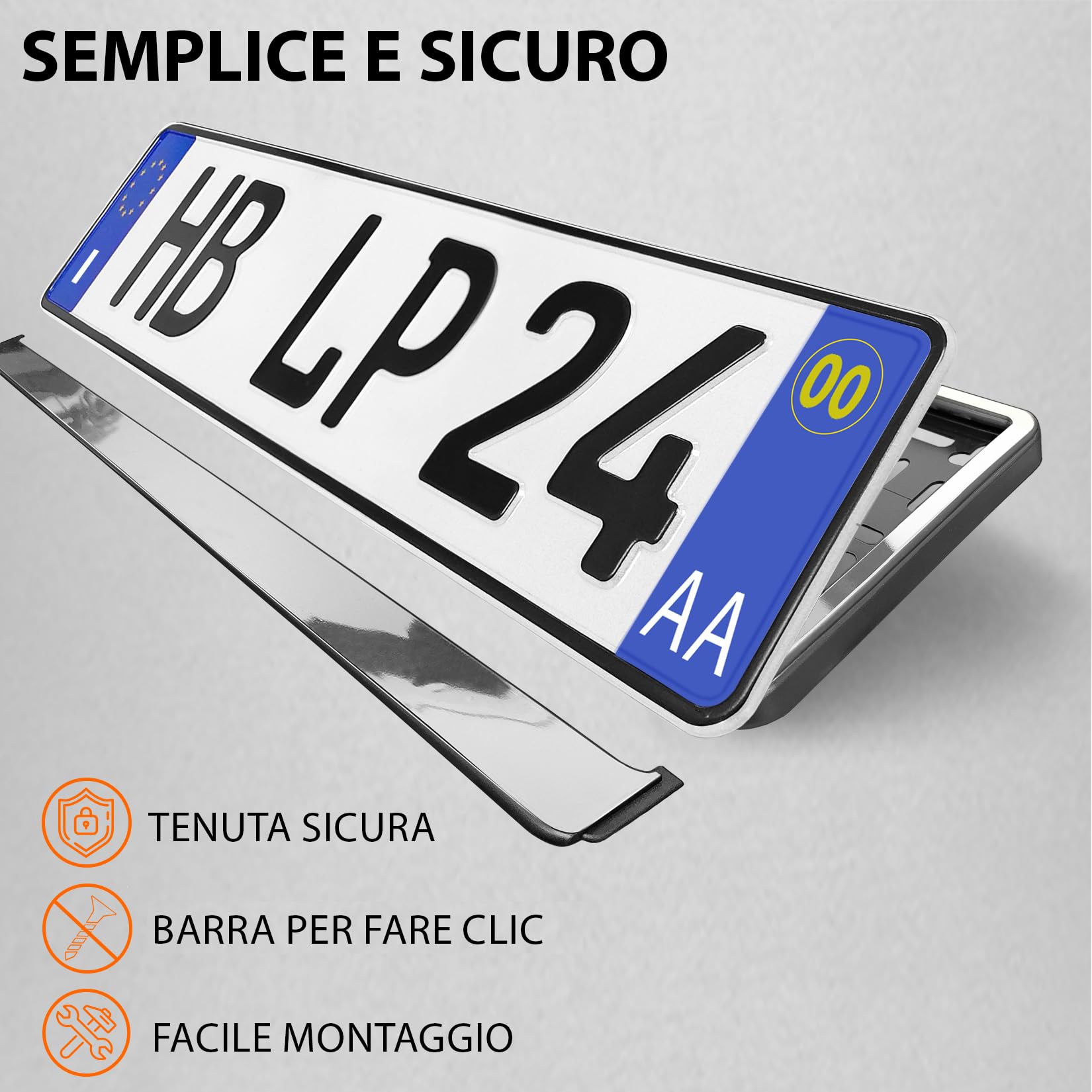 Portatarga Auto - Supporto Targa - [semplice, durevole e sicuro] - 8 viti - 520x110 mm - Cromo effetto - Porta Targa - adatto a qualsiasi auto - per targhe italiane omologate - Fissaggio per Targa