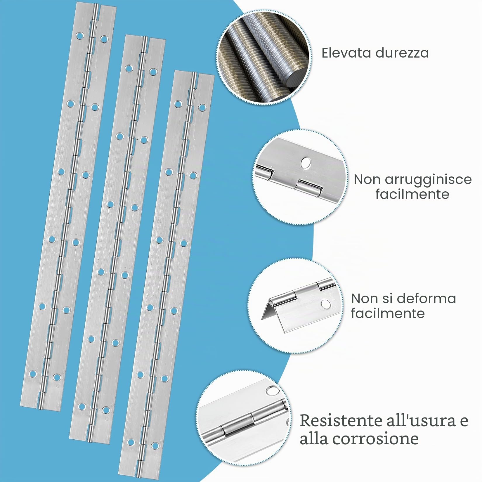 4 Pezzi Cerniera a Nastro in Acciaio Inox 30 cm, Cerniere Pieghevole per Pianoforte e Mobili con 12 Fori