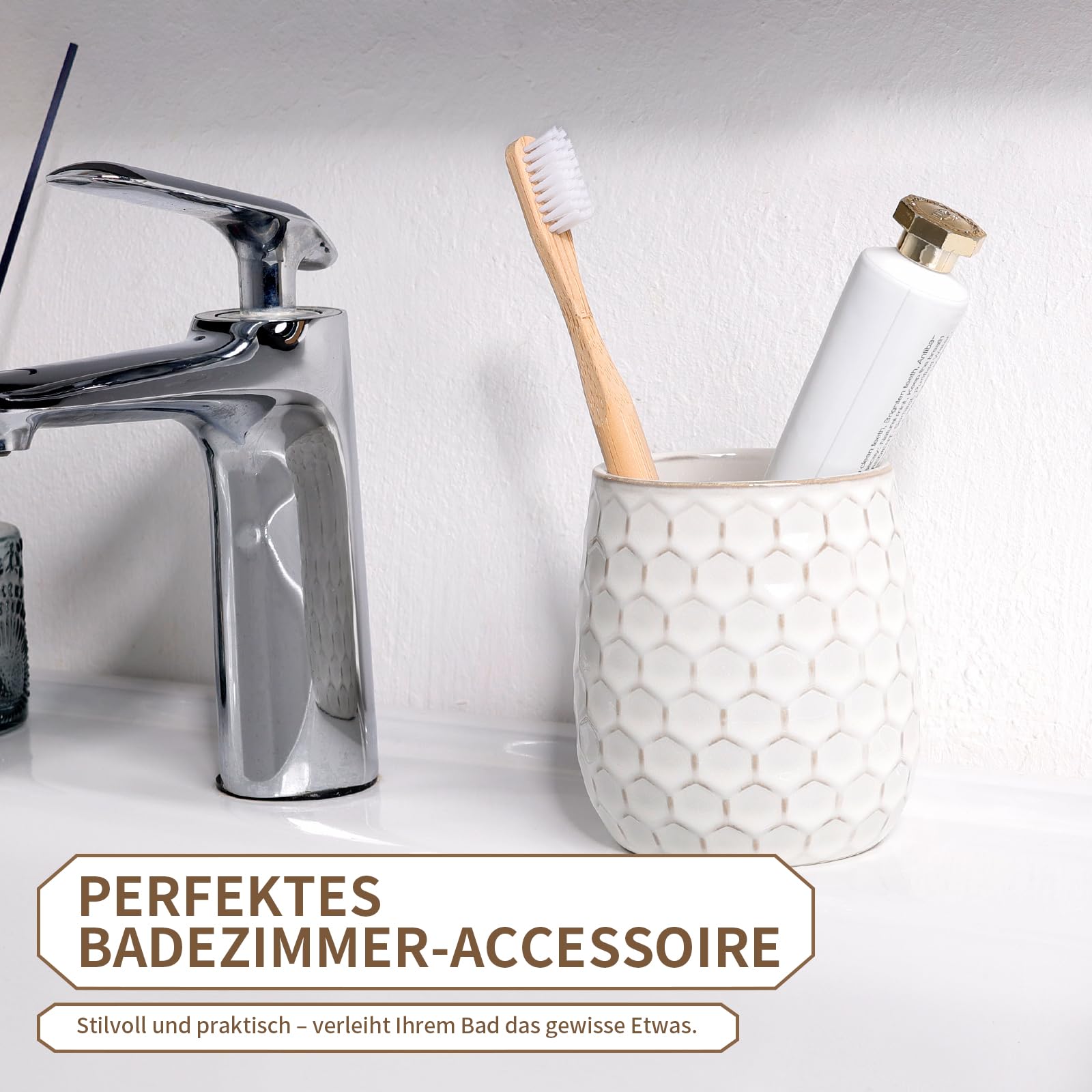 ANTIS'S HOME Zahnputzbecher Keramik 410ml – Badezimmerbecher & Mundspülbecher für Zahnpasta, Weiß Moderner Zahnbürstenbecher mit 3D-Wabenstruktur, dekoratives Badaccessoire (10 x 9,2 cm)