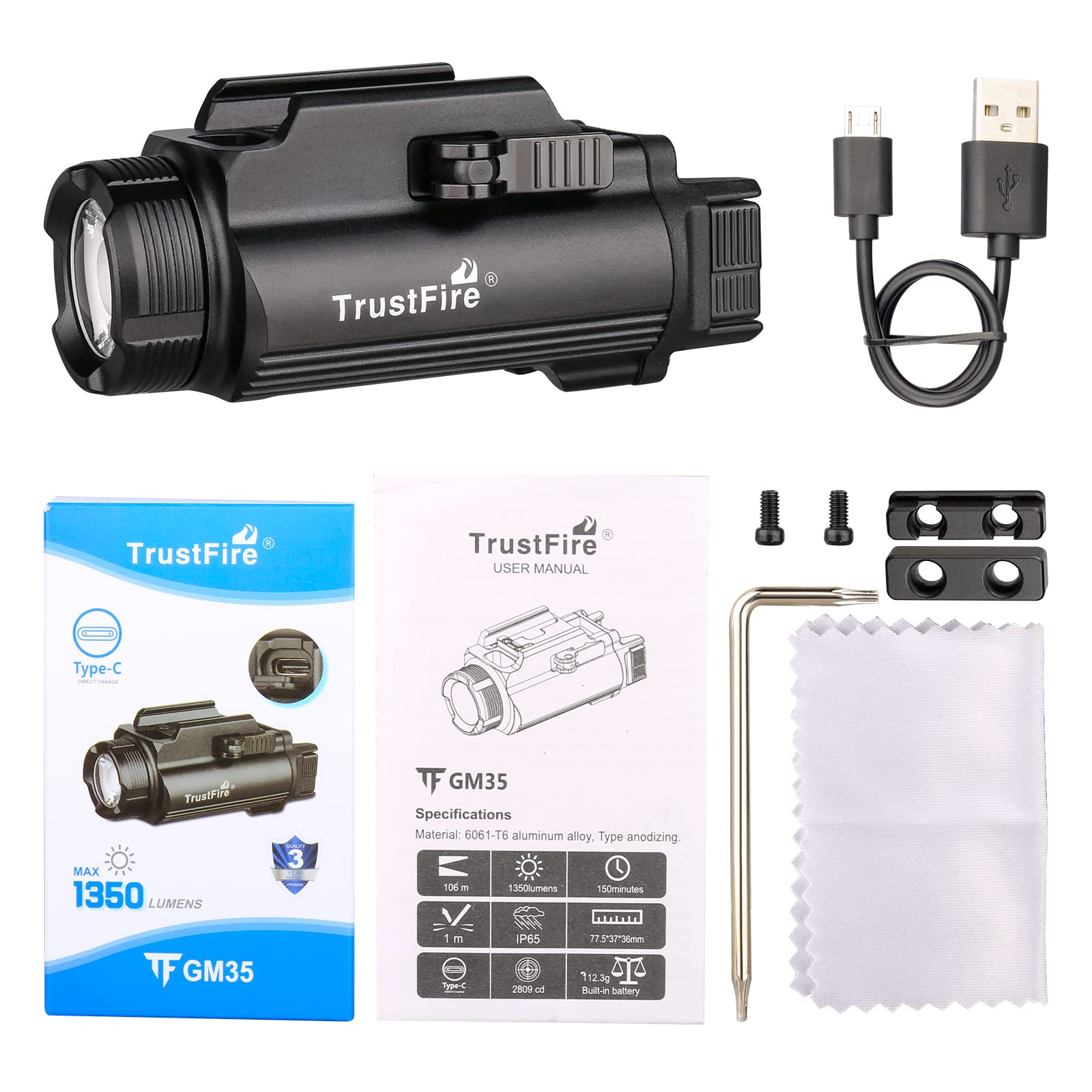 TrustFire Lampe Pistolet Tactique, GM35 1350LM LED Lampe Militaire Lumière Allume Lampe de poche à dégagement rapide brillant,Compatible avec Rail Pictinny glock 17/19/20/22