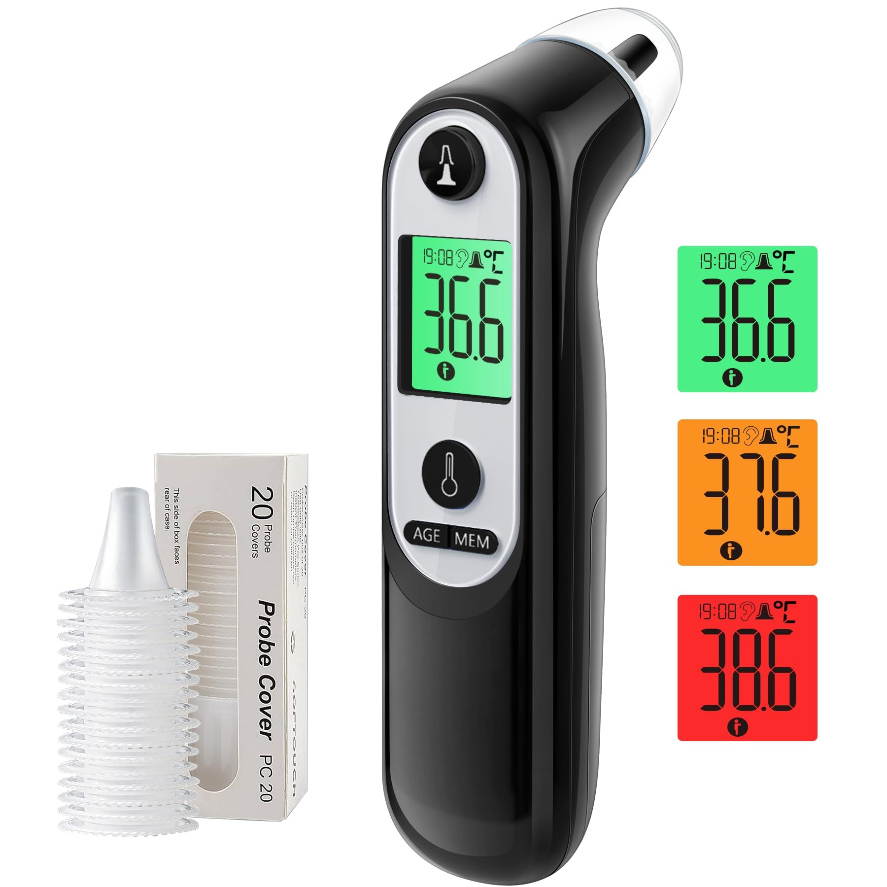 Digitales Infrarot-Ohrthermometer für Babys, Erwachsene & Senioren – Präzise Alterserkennung, farbcodiertes Display, 21x Hygienekappen, 1-Sekunden-Messung & Fieberalarm (Schwarzer)