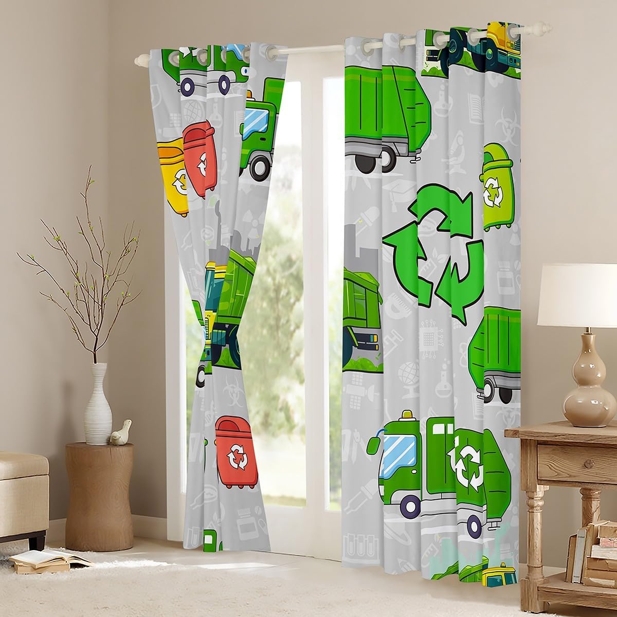 Feelyou Green Garbage Truck Grey Curtains Cartoon Trash Truck Window Drapes Treatments for Kids Boys Girls Green Vehicle Car Window Drapes Garbage Trash Toy Window Treatments, 42W X 63L,2 Panels