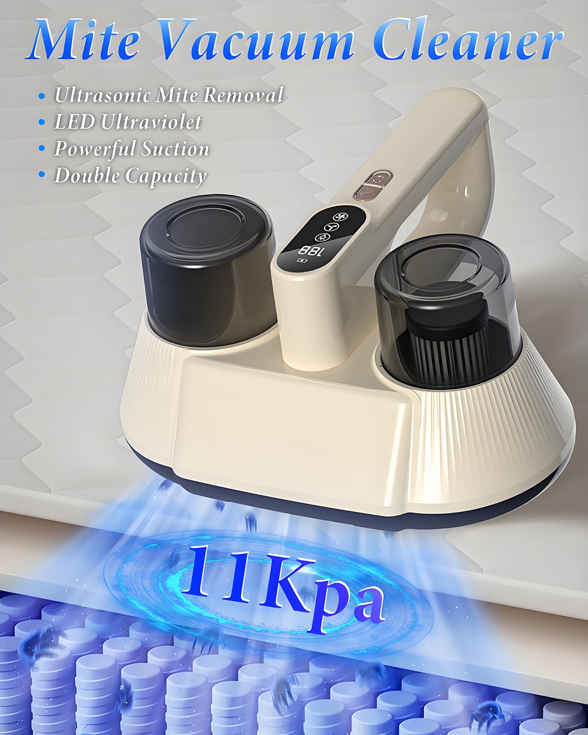 Aspirador de ácaros para colchones, 100 W, portátil, inalámbrico, con doble aspiradora y UV-C y ultrasonido para la limpieza de ropa de cama y sofá