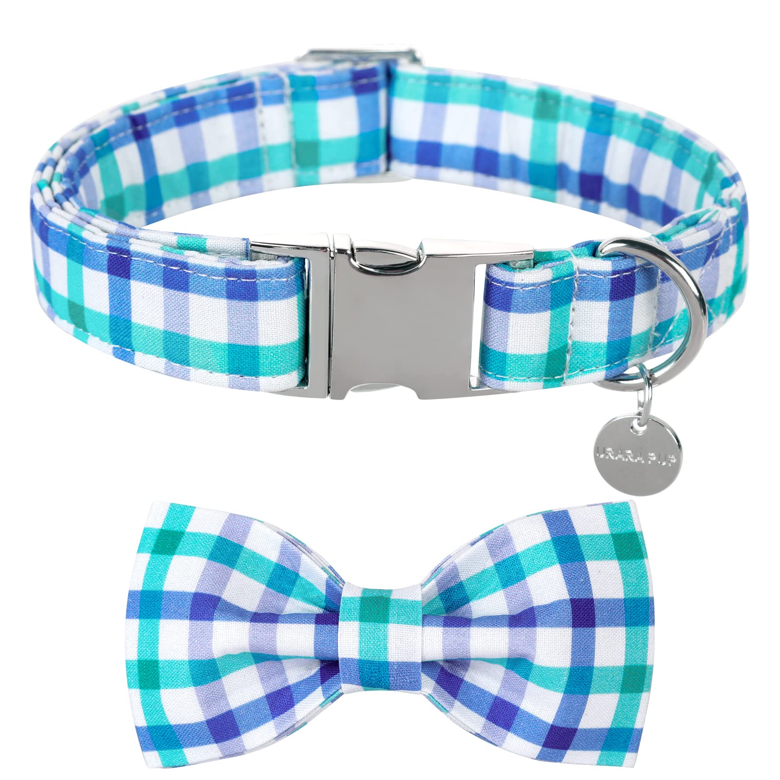 UP URARA PUP Dog Collar Bow Tie, Comfortable Durable Cotton Bowtie Collar for Large Dogs, Adorable Dog Collar with Metal Buckle, Blue Grid, L, Neck 16