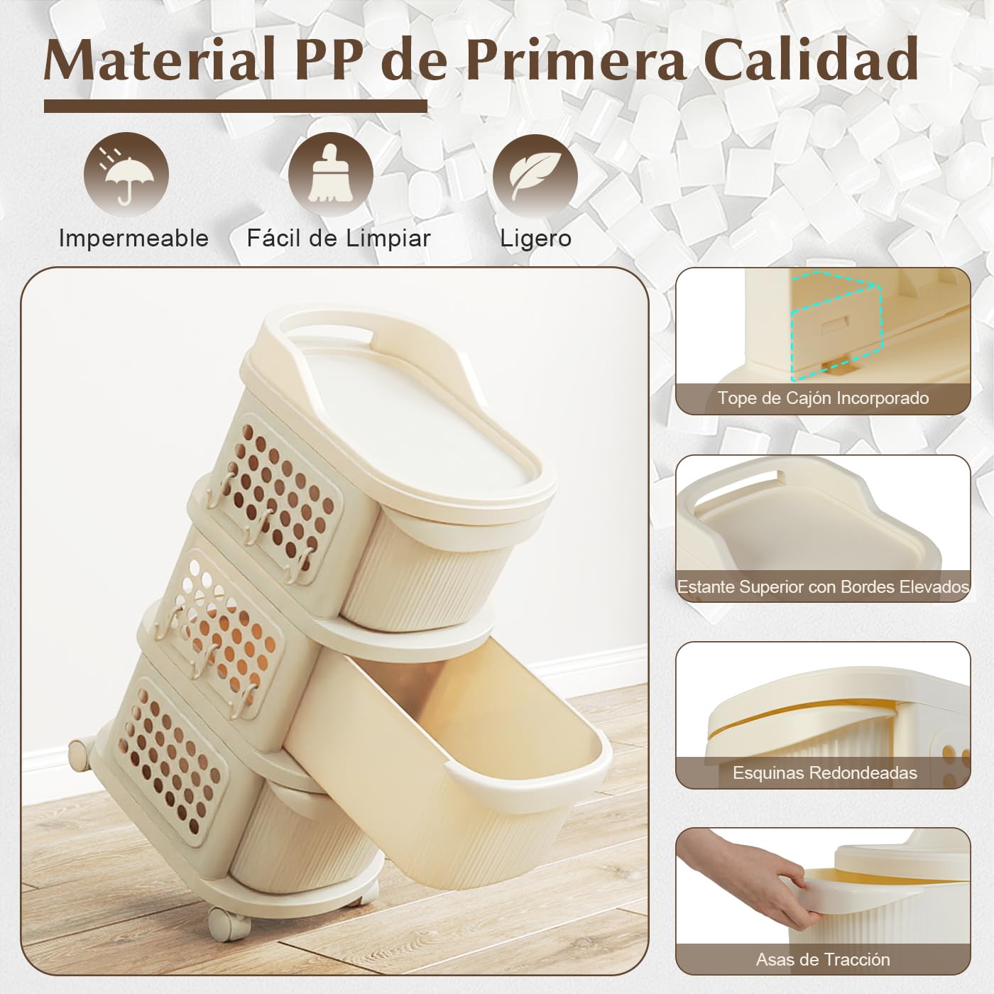 GOPLUS Carrito de Almacenamiento de 3/4 Cajones, Cajonera de Plástico con Ruedas Universales, 6 Ganchos, Panel Perforado y Asa, Carro Organizador Móvil para Salón Cocina Oficina (38 x 32 x 68 cm)