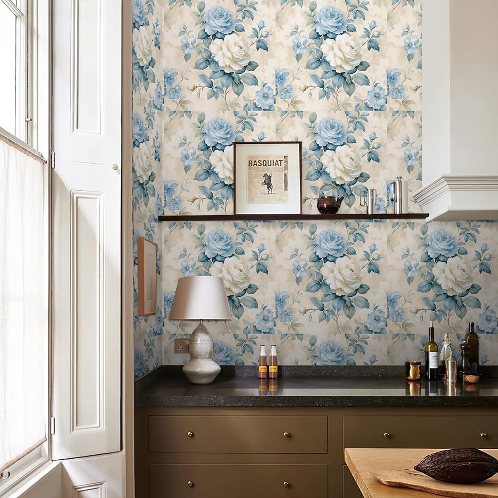 REDAMANCY 17.7"x236" Aesthetic Blue Beige Peony Flower Classical Peel and Stick Wallpaper Modern Cute Wall Paper Stick on Contact Paper Easy Peel Off for Bedroom nightstand Drawer Renter Friendly
