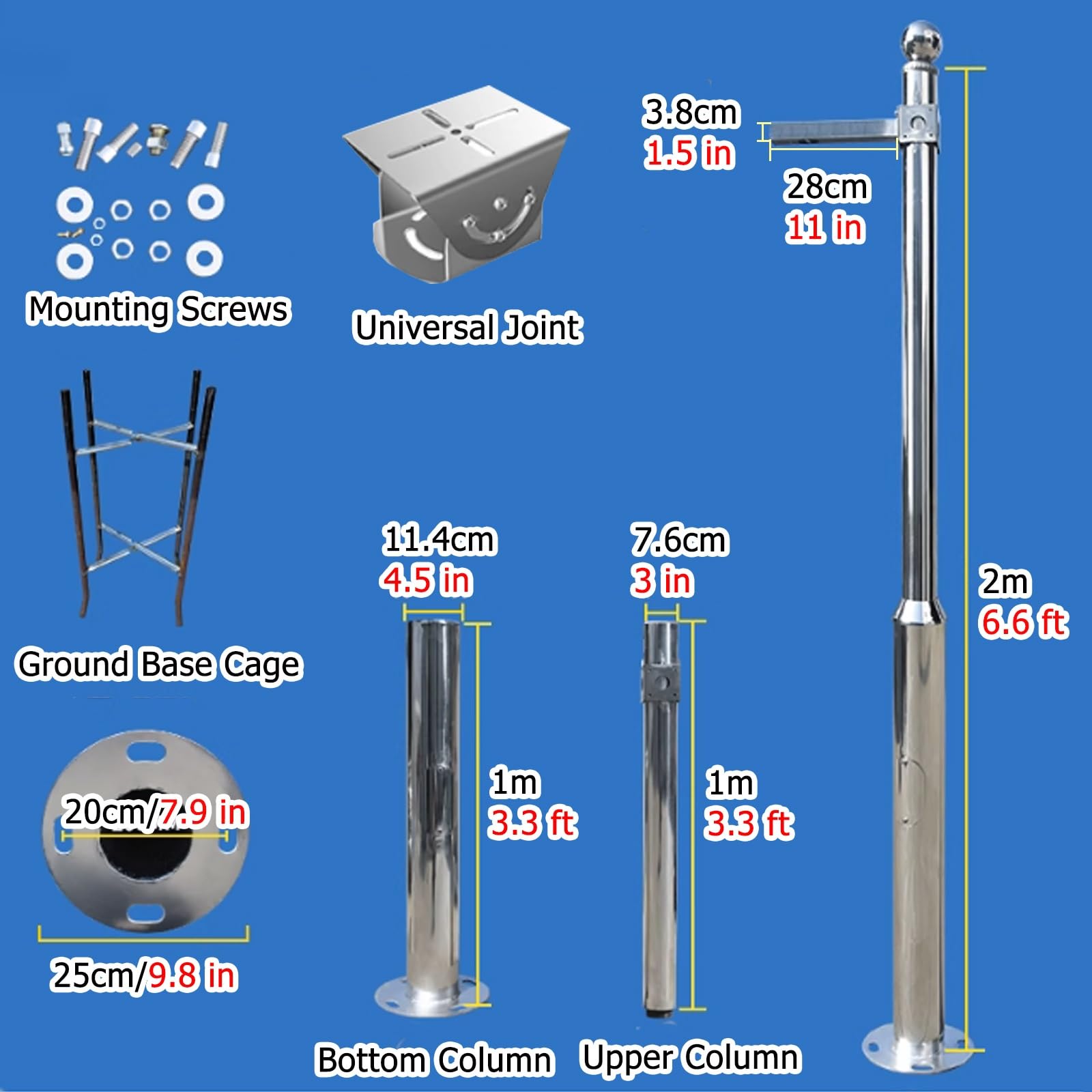 Poste de cámara de acero inoxidable desmontable, soporte de suelo ajustable de 6 a 20 pies para cámaras de seguridad universales, fácil de instalar, diseño duradero