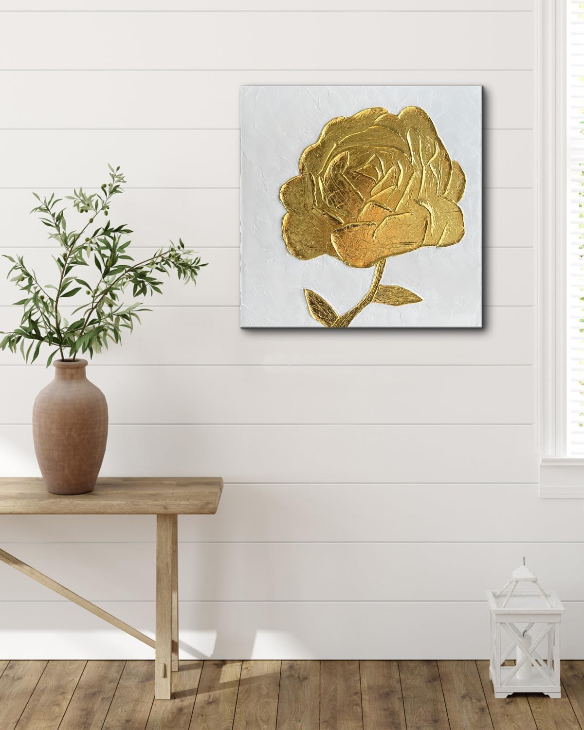 Creespi Hand Painted 3D Gold Floral Wall Art 24x24 inches,Contemporary Abstract Textured Flower Oil Painting On Canvas for Home Decor
