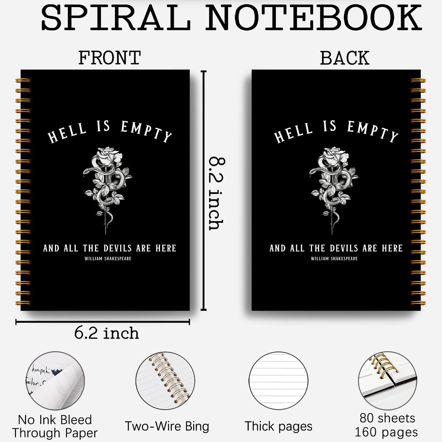 Hell is Empty Shakespeare Quote Dark Academia Aesthetic Notebook Journal, Gothic Floral Snake Notebook Journal, Gothic Gifts for Women, Goth Office Supplies, Spiral Notebook 5.5x8.3 Inch image 2