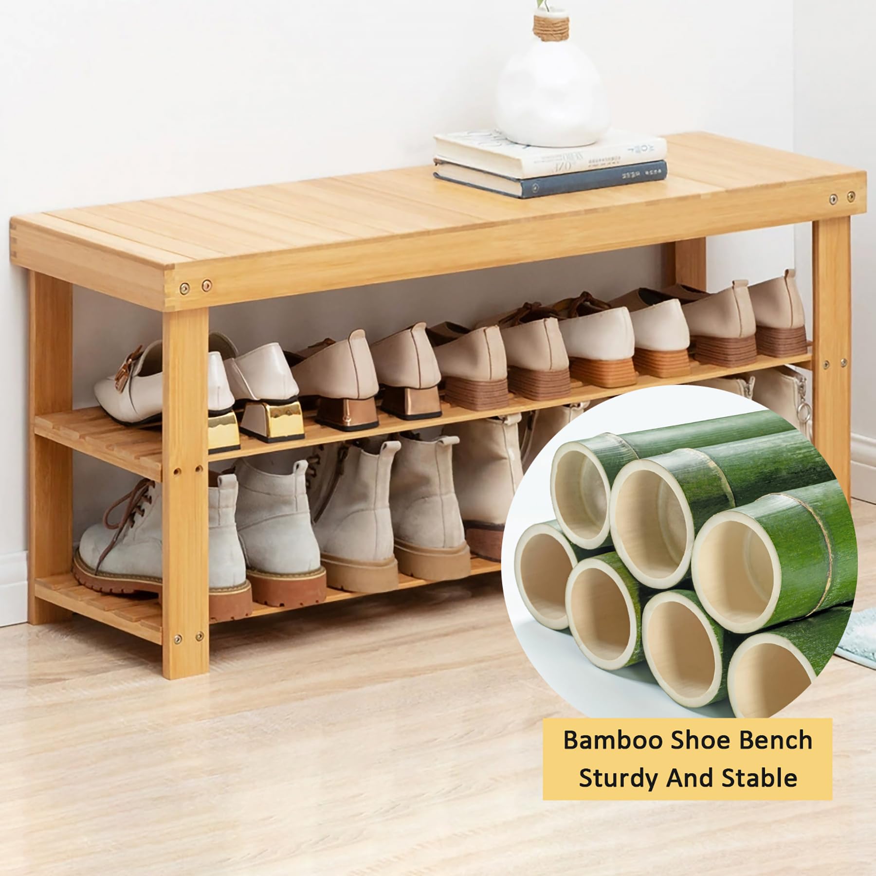 Taburete moderno de bambú resistente de 2 niveles para interiores y mesa de asiento de entrada, banco de 82 cm de largo para pasillos y balcón, madera natural de 69 x 25 x 44 cm