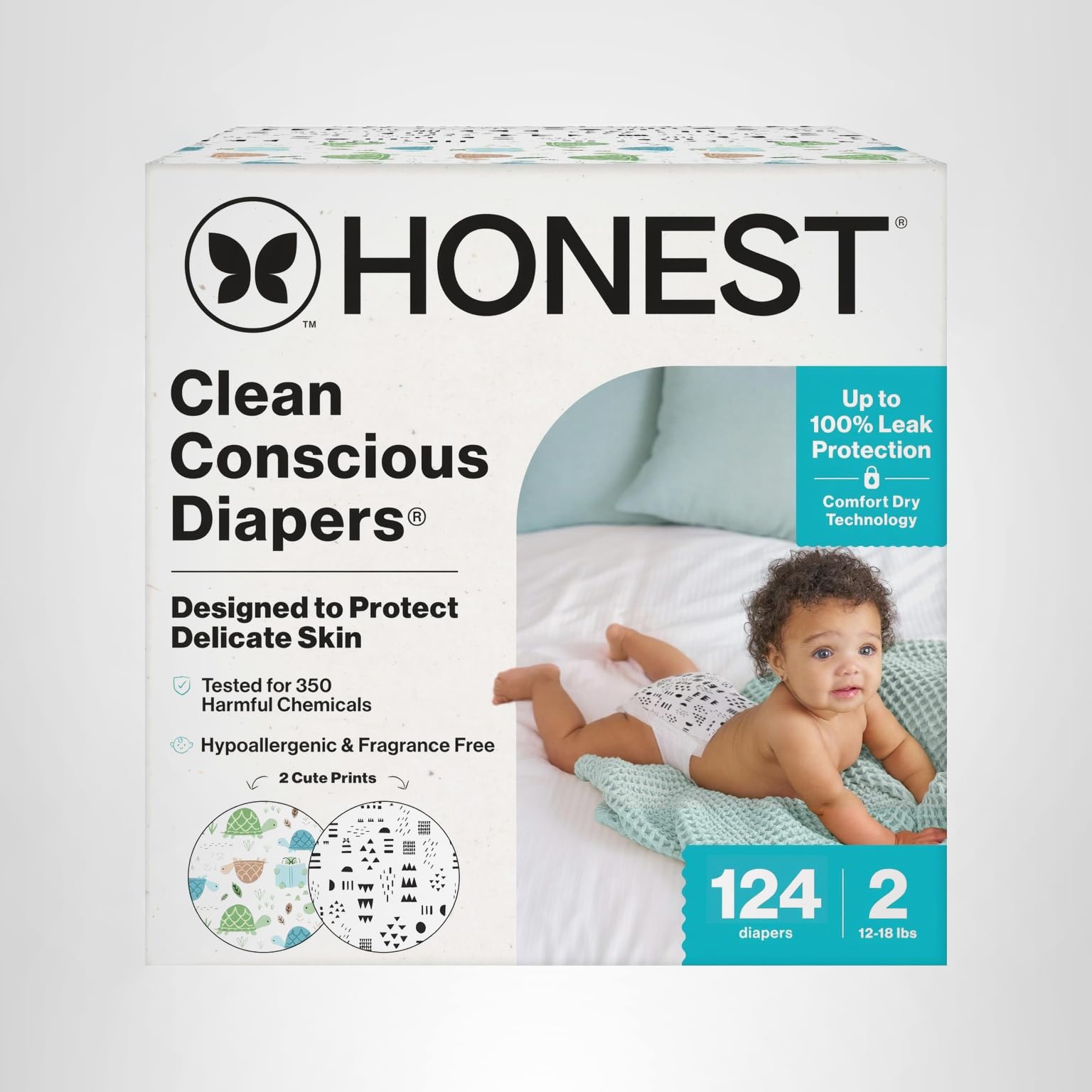 The Honest Company Clean Conscious Diapers for Sensitive Skin | Hypoallergenic, Fragrance Free | Gender Neutral Printss | Super Club Box, Size 2 (12-18 lbs), 124 Count