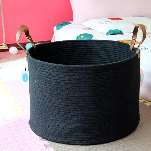 Miniatura 8 de Casaphoria Cesta de cuerda de algodón grande para sala de estar, cesta de almacenamiento tejida con asa larga para mantas, toallas y almohadas,