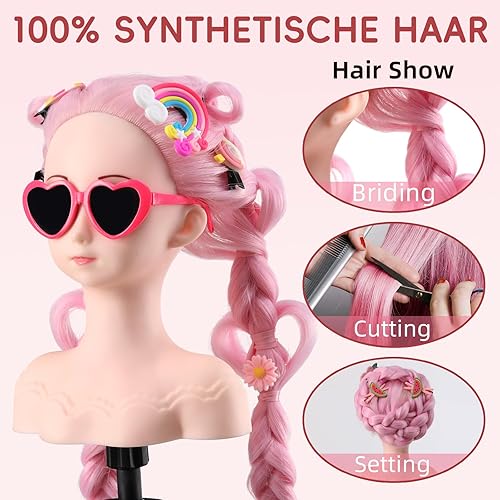 Miniatura 3 de Anstar Cabeza de muñeca de peinado para niñas, cabeza de maniquí para niños, cabeza de maniquí con cabello rosa, cabeza de muñeca para peinado,