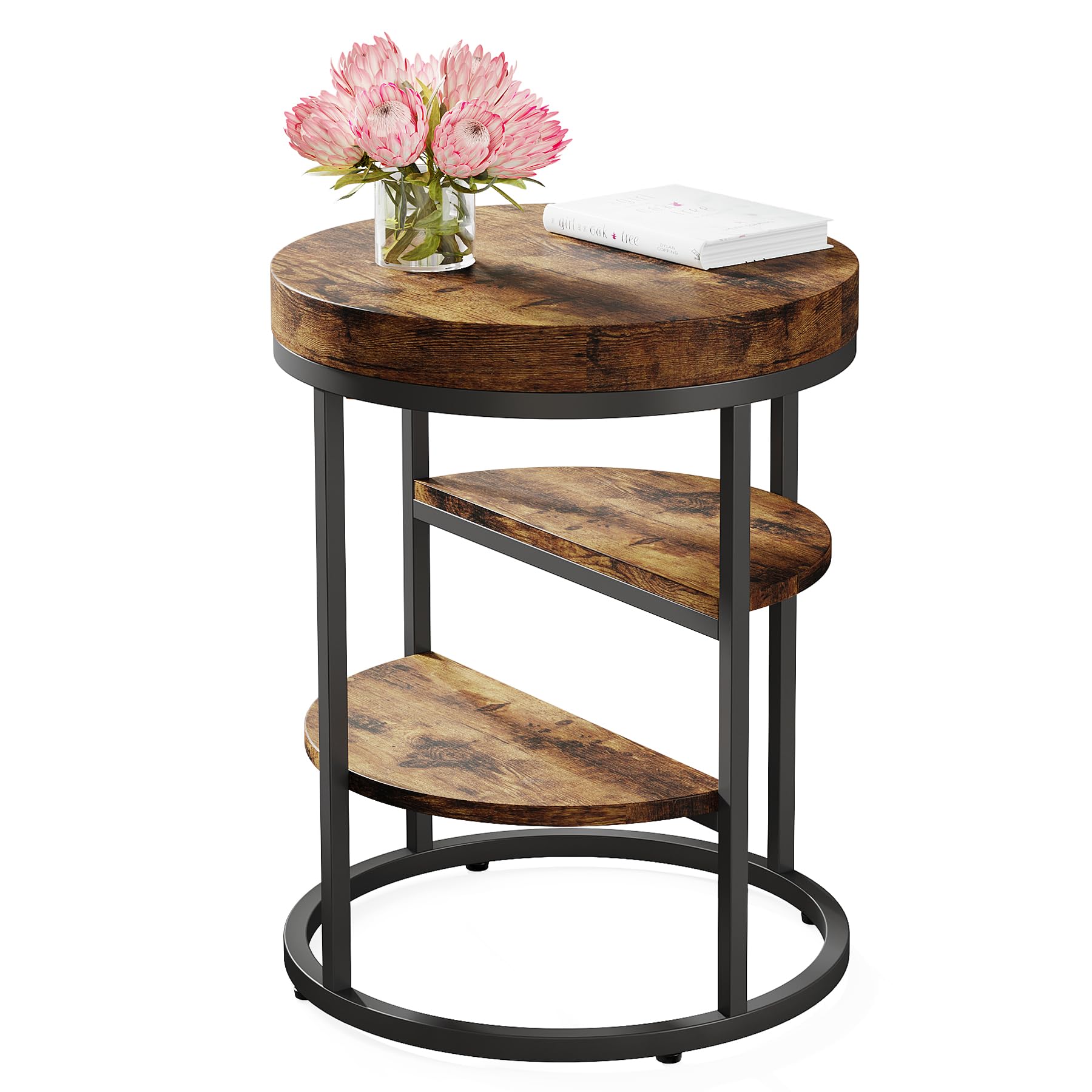 Tribesigns Mesa Auxiliar Redonda Pequeña Con 3 Estantes de Almacenamiento, Mesa de Madera Para Espacios Pequeños, Estilo Industrial Para Sala de Estar, Sofá